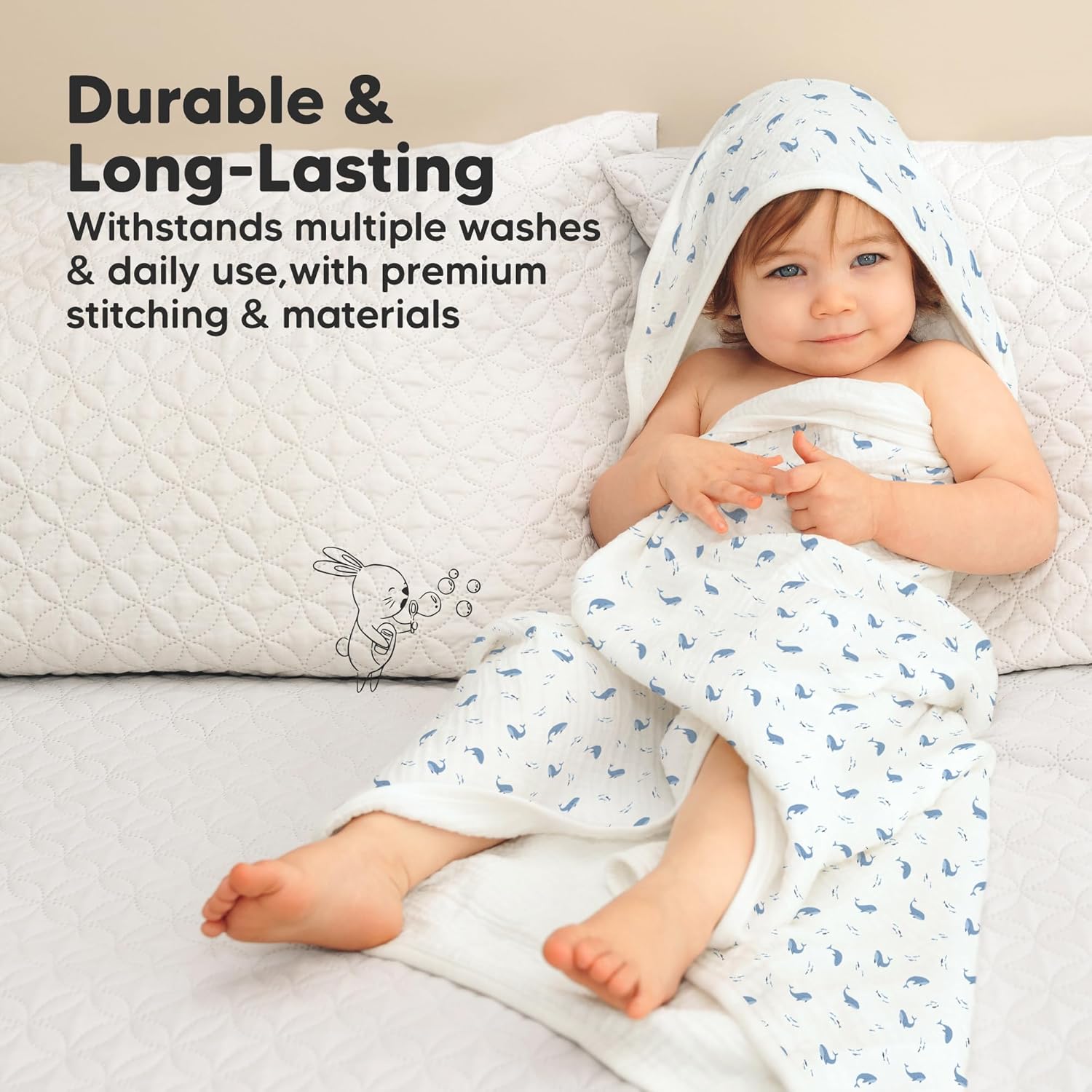 KeaBabies Muslin Baby Bath Towels with Hood for Girls,Boys-Large Organic Cotton Hooded Baby Towels for Newborns,Toddlers,Infant,Kids,Soft Absorbent Newborn Bath Essentials Gift Set(Whale Bay, Regular) - Image 7