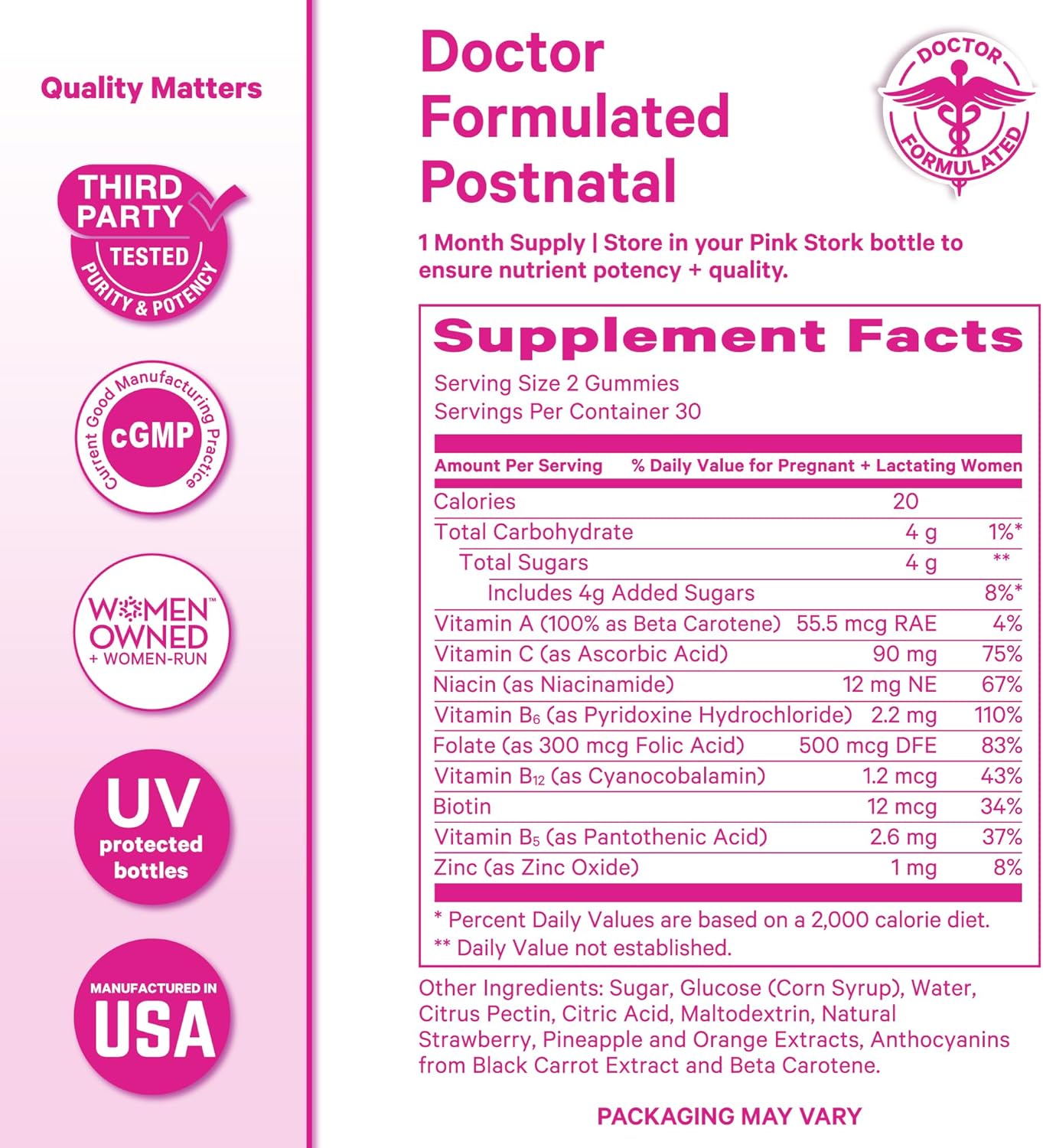 Pink Stork Total Postnatal Vitamin Gummies - Multivitamin for Postpartum Recovery and Lactation Support - Folic Acid, B6, & Vitamin C - Postpartum Essentials - 60 Gummy Vitamins - Image 6