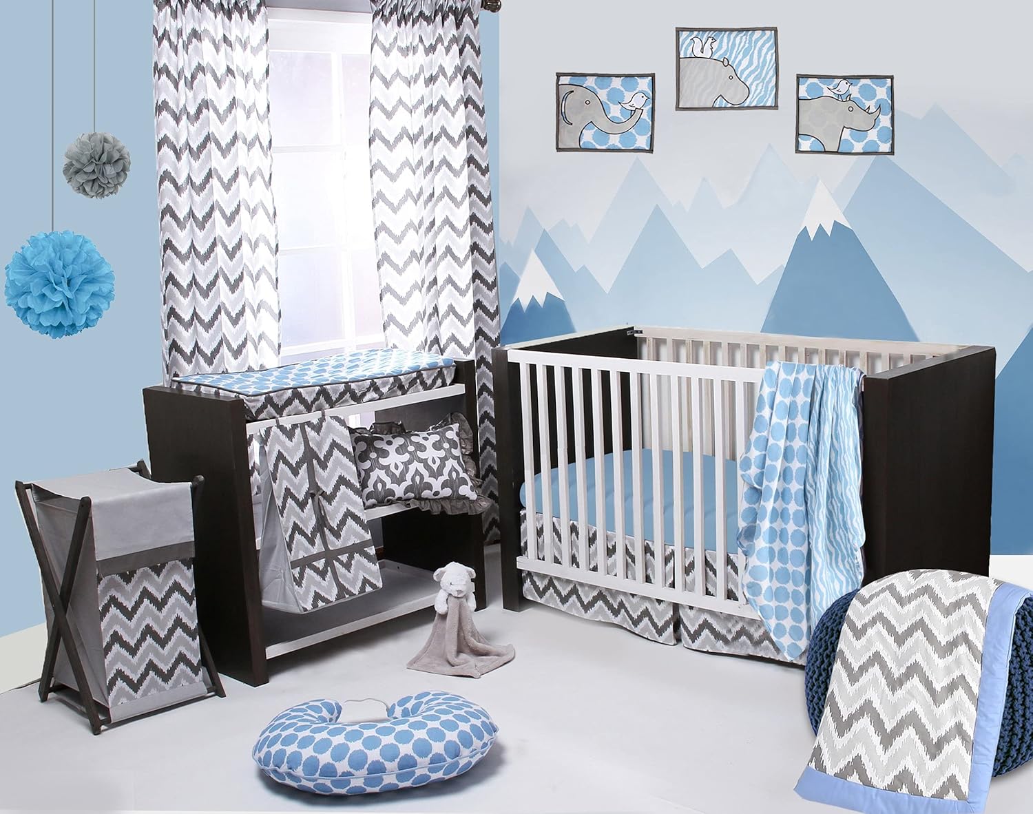 Bacati Ikat Blue/Grey 4 Crib Set with 2 Muslin Swaddling Blankets, Crib Skirt & Solid Crib Sheet