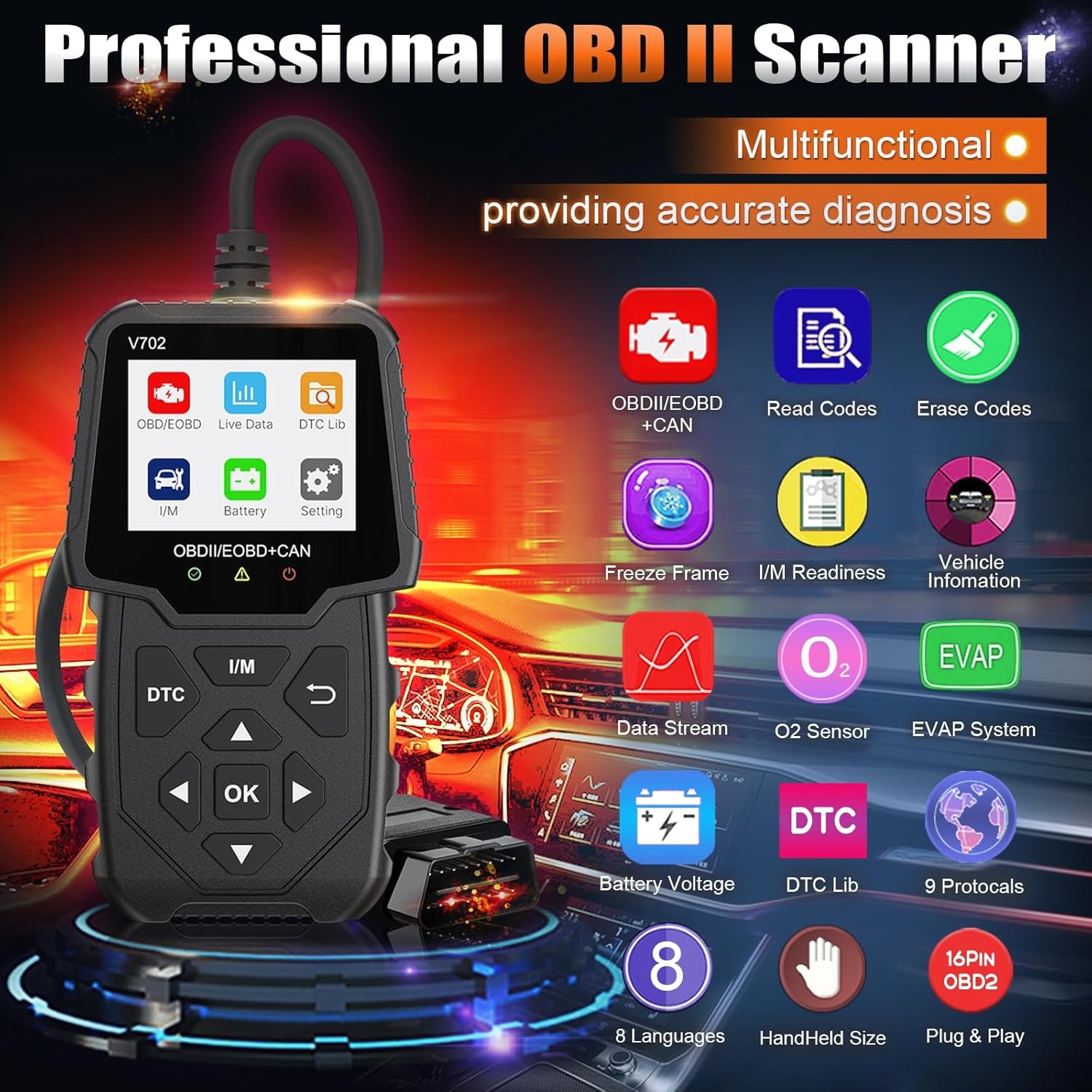 iKiKin V702 displaying various diagnostic functions like Read Codes, Erase Codes, Live Data, I/M Readiness