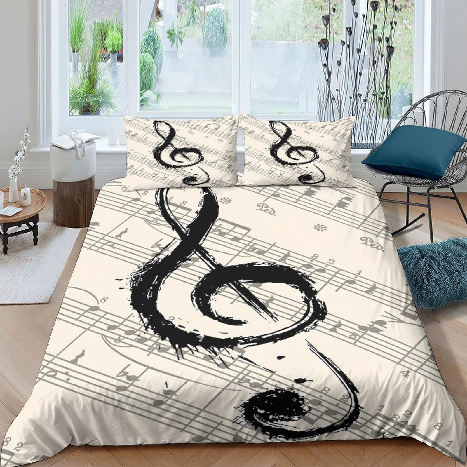 Ctjqhvkz Style-2 3D Printed Music Note Fitted Sheet Microfiber Soft Black White Treble Clef Bed Cover For Bedroom Dorm Decor Single（135X200cm）