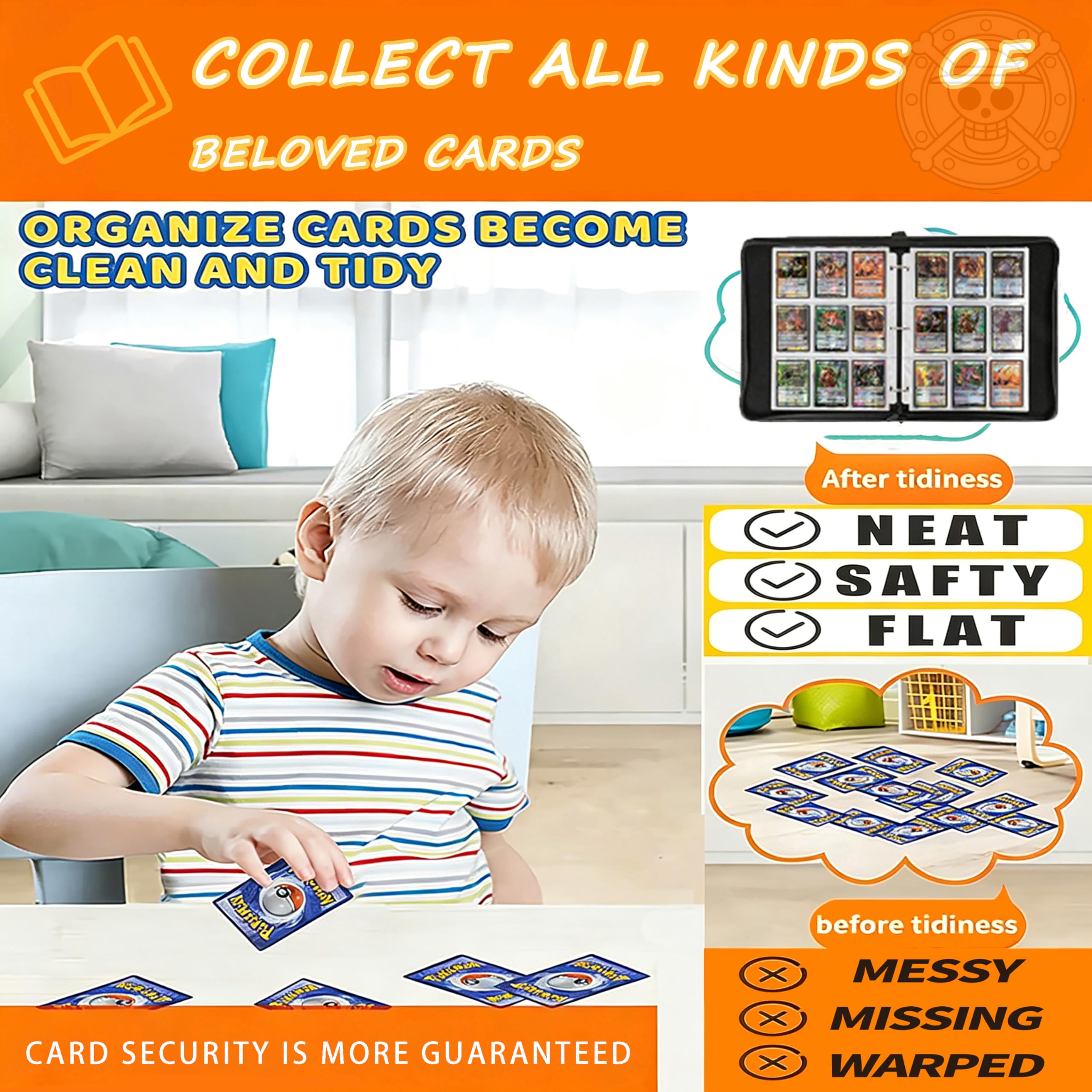 900 Taschen Sammelkartenbinder für One Piece Karten, 3 Ring Zipper Card Binder mit 50 abnehmbaren 9 Pocket Sleeves, Wasserdichtes Kartenalbum für TCG, MTG, Sport & Anime Karten, Kartenhalter in