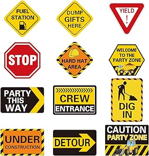 12 Pcs Construction Party Signs Traffic Zone Birthday Laminated Signs Children Construction Birthday Paper Cutouts with Glue Points for Kids Boy Construction Theme Dump Truck Birthday Party Supplies