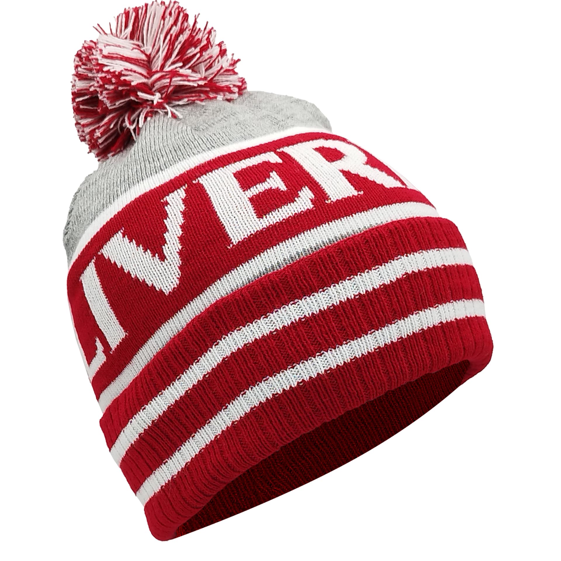 Partisan Unisex Grey Liverpool Bobble Hat Red, White & - Ribbed Cuff Gift Souvenir