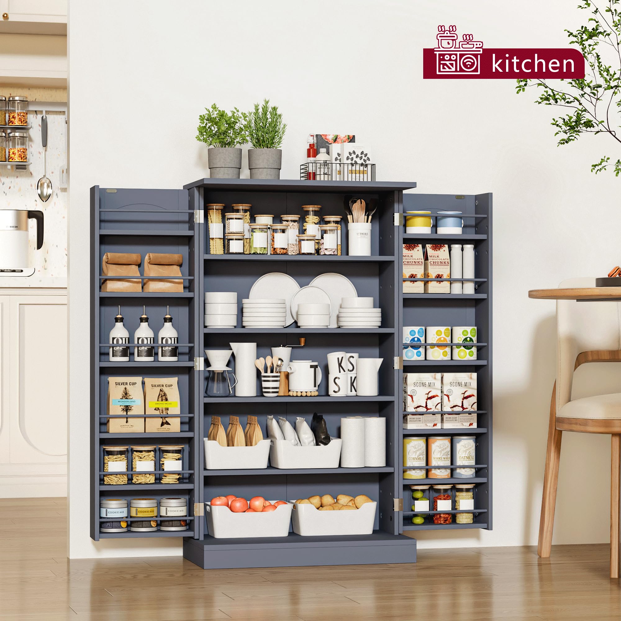 Gabinete para despensa de cocina para almacenamiento de alimentos, de doble puerta y 6 estantes, gabinete para almacenamiento de porcelana de ahorro de espacio (gris, 41 de alto) 6