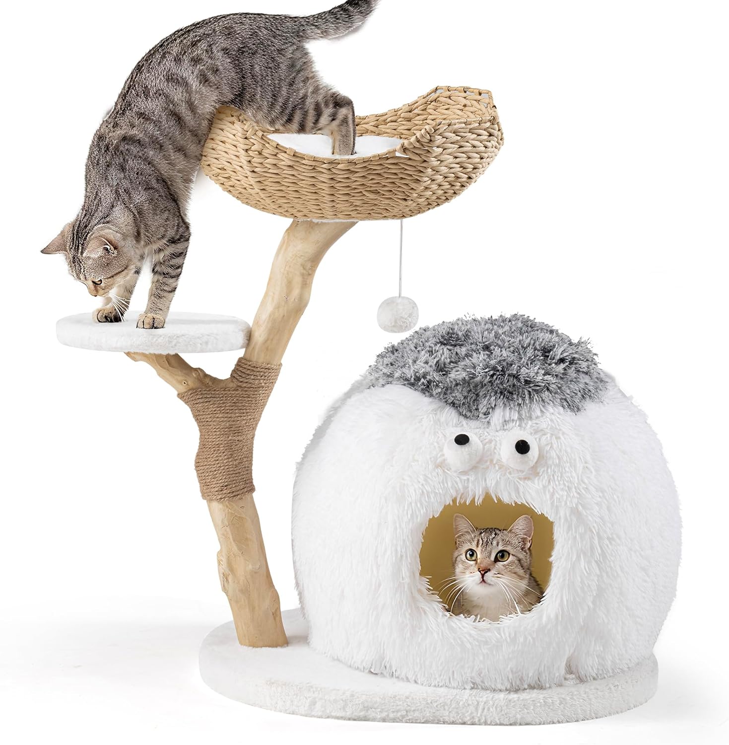 COSIEST 30.7" Modern Cat Tree for Indoor Cats, Sturdy Cat Tower with Scratching Post, Hanging Balls & MGO Trunks, Cat Condo with Woven Basket, Cute Aesthetic Cat Tree for Cats & Kittens, White
