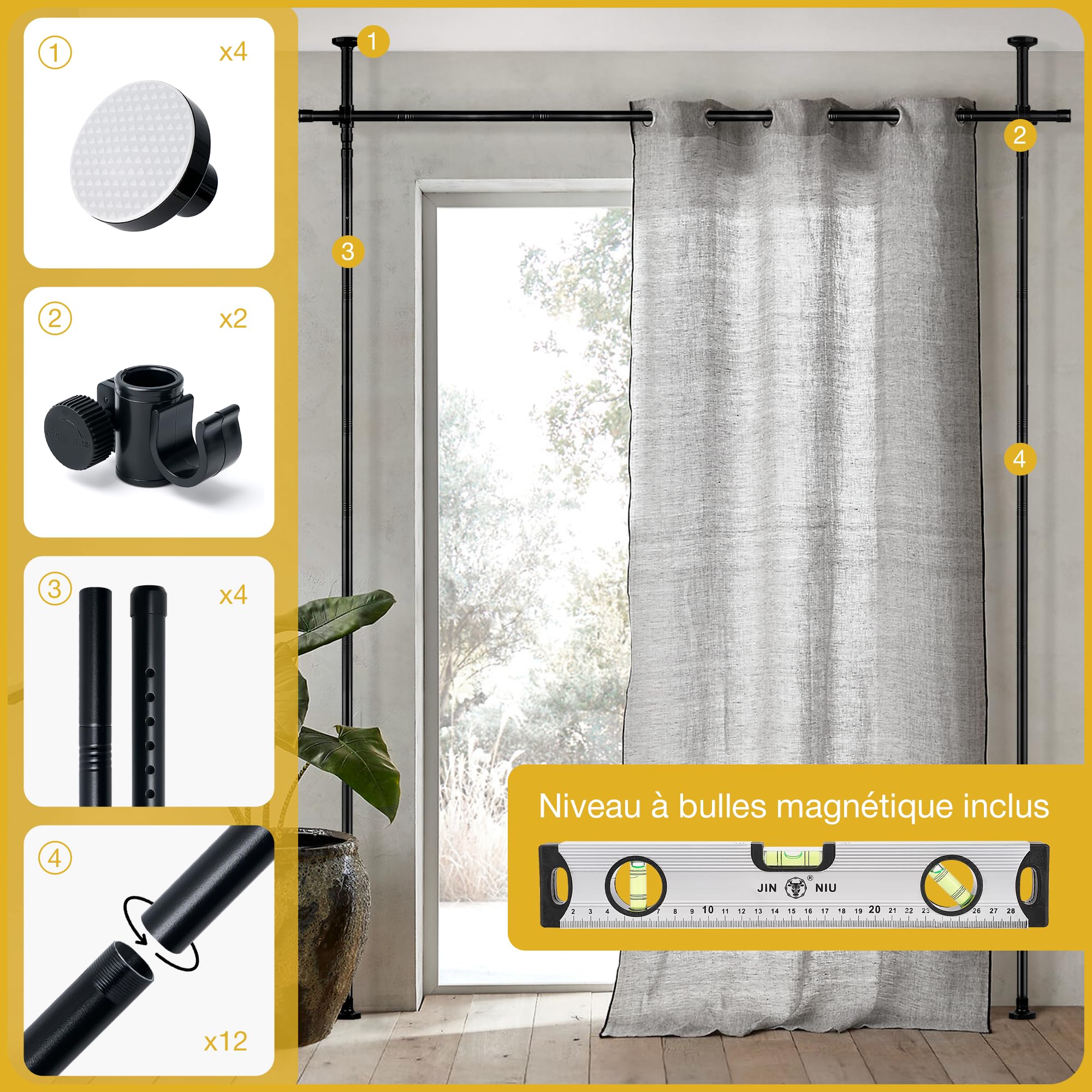 Tringle Rideau sans Percage 120-300 cm (H) × 70-245 cm (L) – Paravent Intérieur Amovible & Séparateur de Pièces – Élégant, Robuste & Sans Outils-