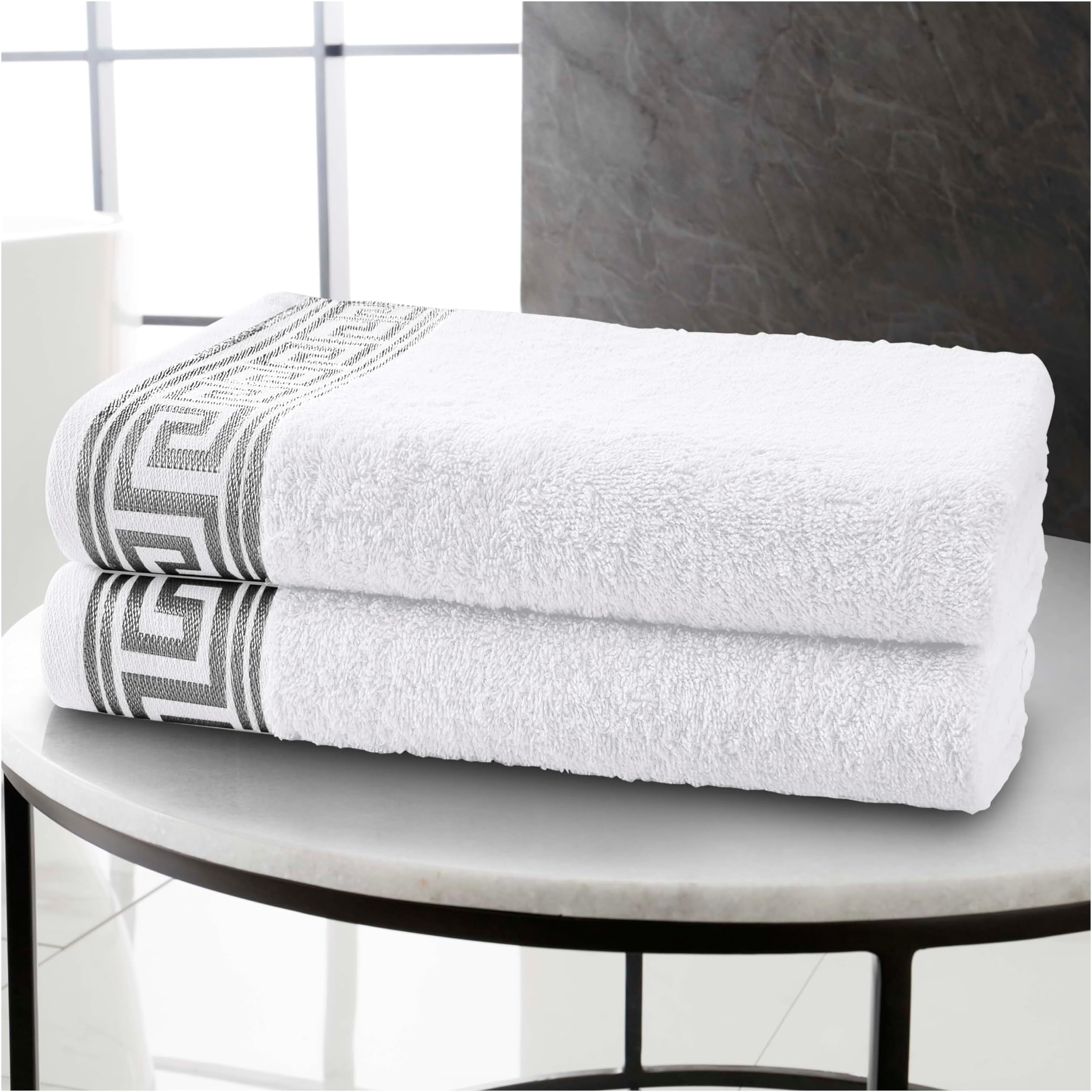 GC GAVENO CAVAILIA500 GSM Jumbo Bath Sheets 2Pk, Quick Drying Towel, Greek Border 2x Super Jumbo Bath Sheet Towels Extra Large, (80x170 cm) Bath Sheets Large, Egyptian Cotton White Towels Set