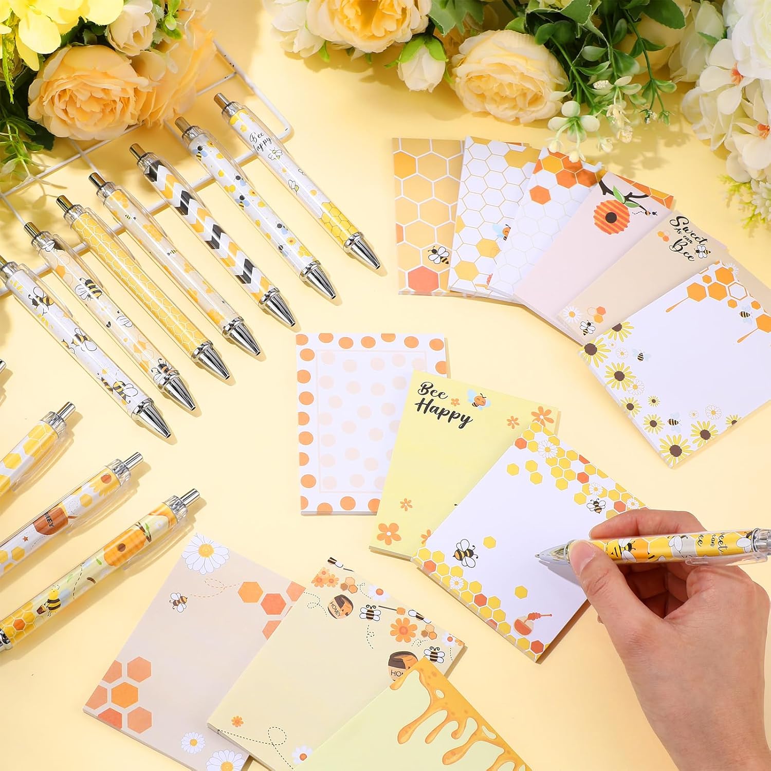 Chiisong 48 Pcs Bee Sticky Notes with Pens Bee Theme Stationery Set Cute Note Pads Adesive Memo Notes Honey Pattern Black Ink Ballpoint Pens for Office Home Supplies Students Teachers Christmas