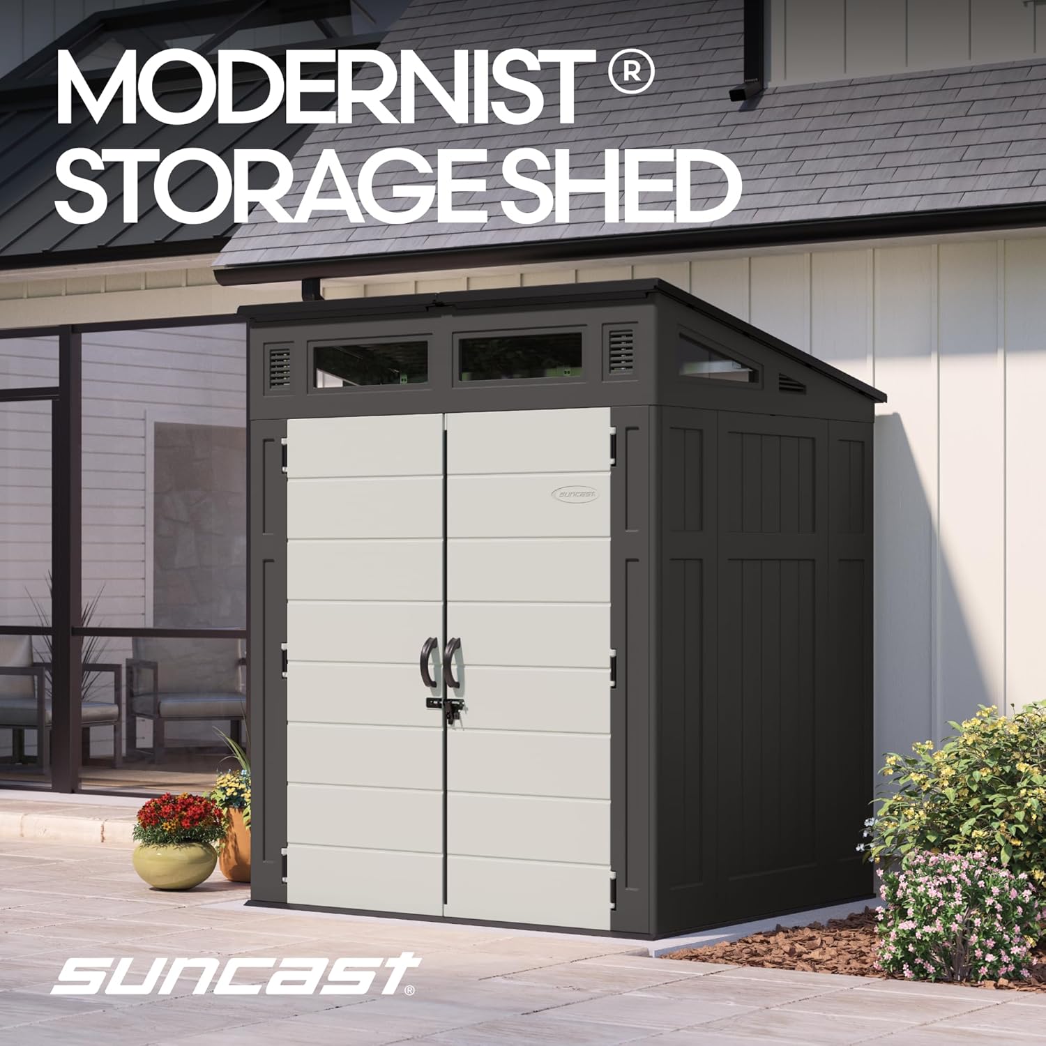 Suncast 6x5 Ft. Modernist Garden Shed, 200 Cu Ft Peppercorn Resin Shed with Floor, Lockable Doors, & Windows. Weatherproof Modern Resin Sheds & Outdoor Storage for Tools, Bikes, Lawn Mowers, & More