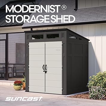 Suncast 6x5 Ft. Modernist Garden Shed, 200 Cu Ft Peppercorn Resin Shed with Floor, Lockable Doors, Windows. Weatherproof Modern Resin Sheds & Outdoor Storage for Tools, Bikes, Lawn Mowers, More