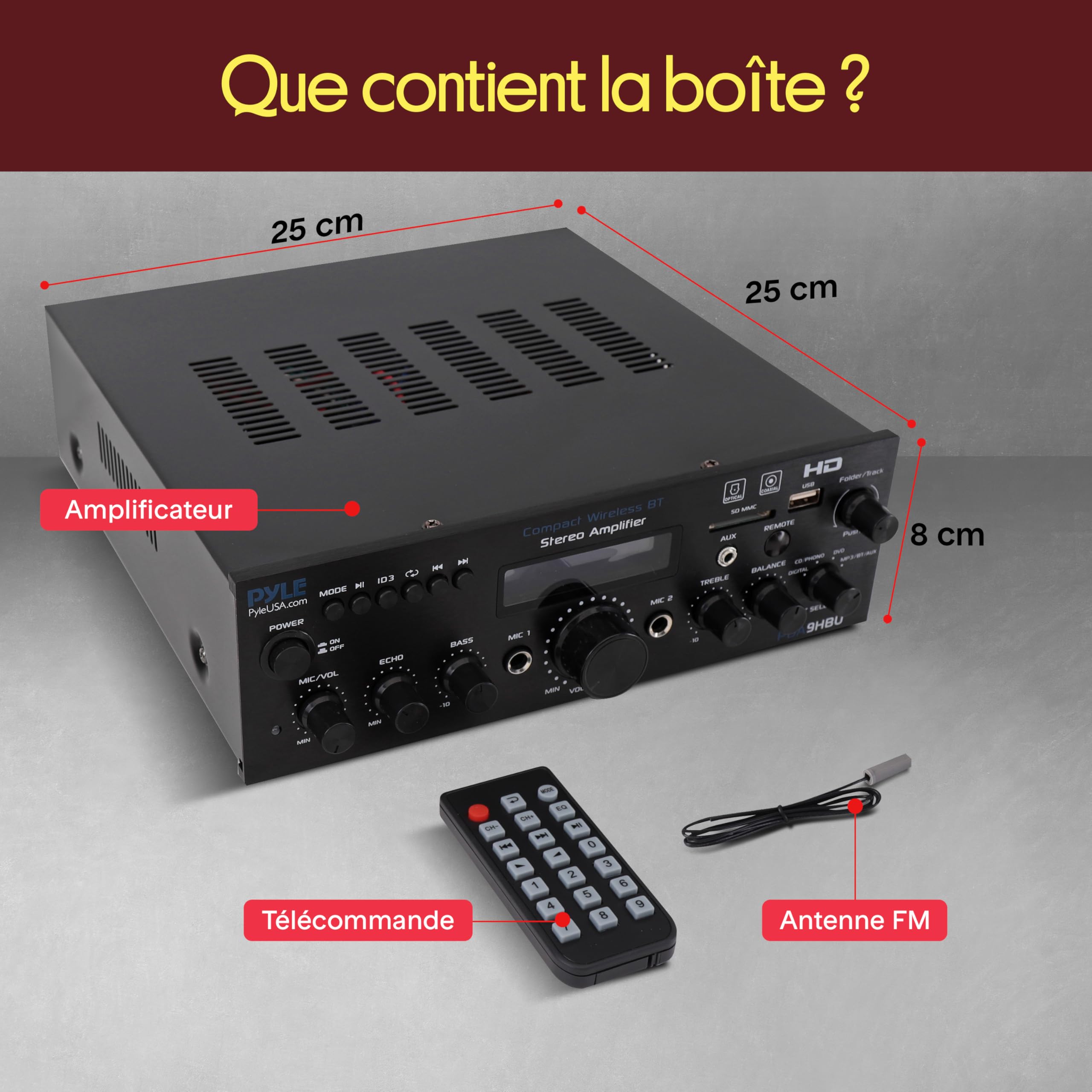 Pyle Amplificateur Bluetooth Stéréo sans Fil pour la Maison - Amplificateur Multi-Canaux 200W avec Récepteur Audio, HDMI, Optique/Phono/Coaxial, Radio FM, USB/SD, AUX,RCA, Entrée Micro- Télécommande