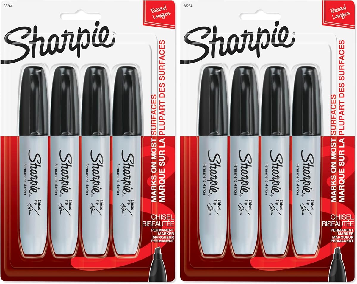 SHARPIE Permanent Markers, Large, Chisel Tip, Black,Marks on Paper, Plastic, Metal, and More, 4 Count (Pack of 2)