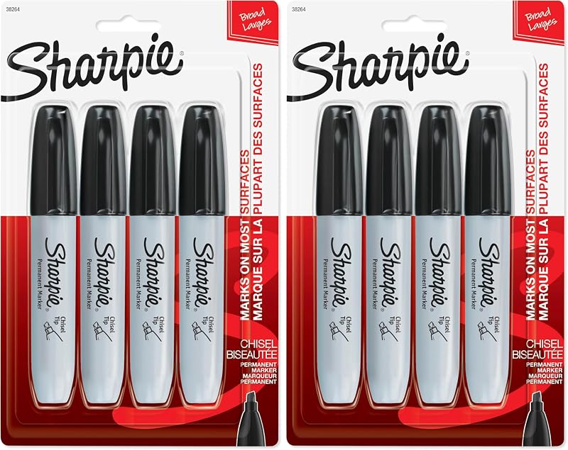 SHARPIE Permanent Markers, Large, Chisel Tip, Black,Marks on Paper, Plastic, Metal, and More, 4 Count (Pack of 2)