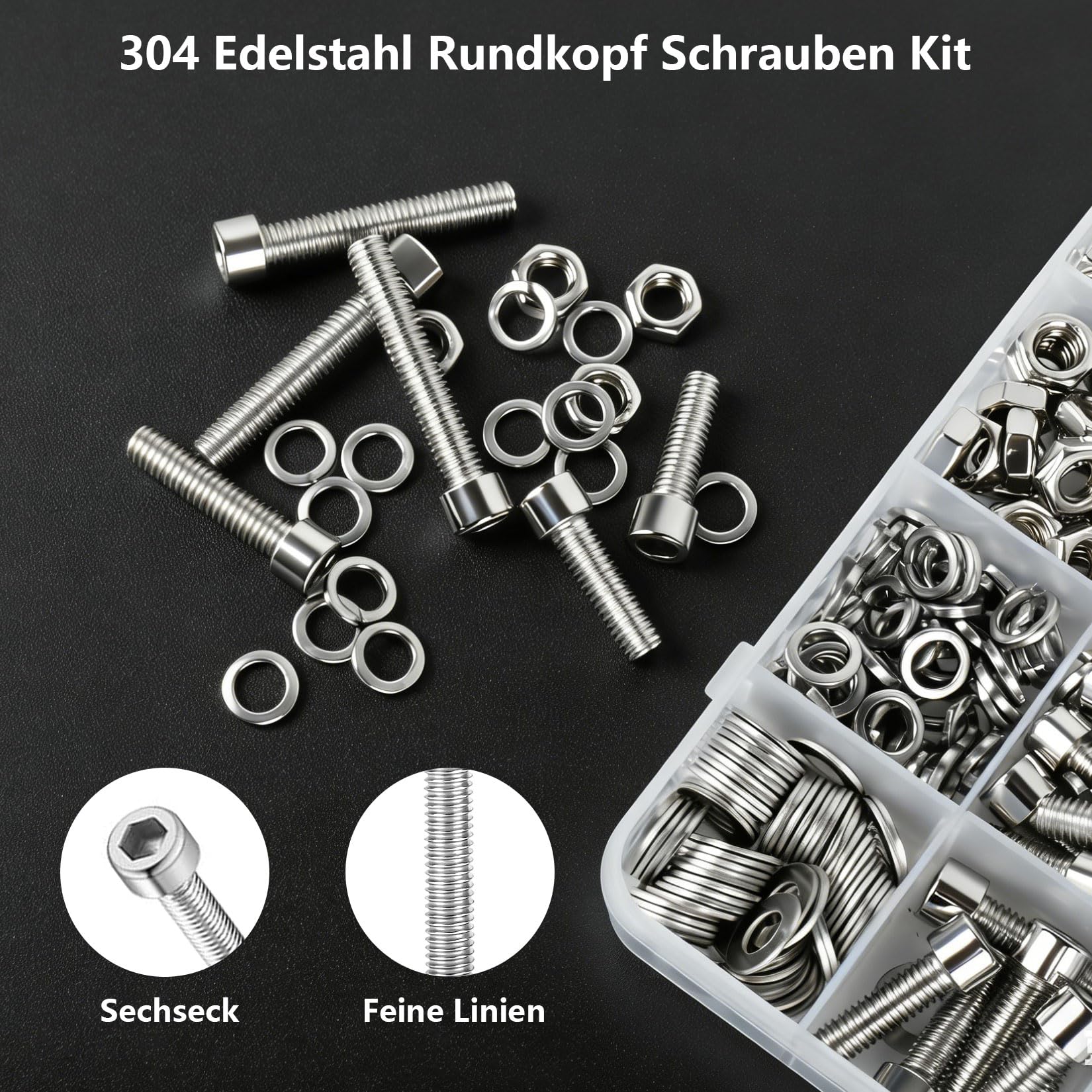 280 PzViti M6, Viti a Testa Cilindrica con Esagono Incassato, Set di Bulloni e Dadi, Viti a Testa Esagonale in Acciaio Inox con Rondelle, Assortimento di Bulloni a Cilindri per Macchine