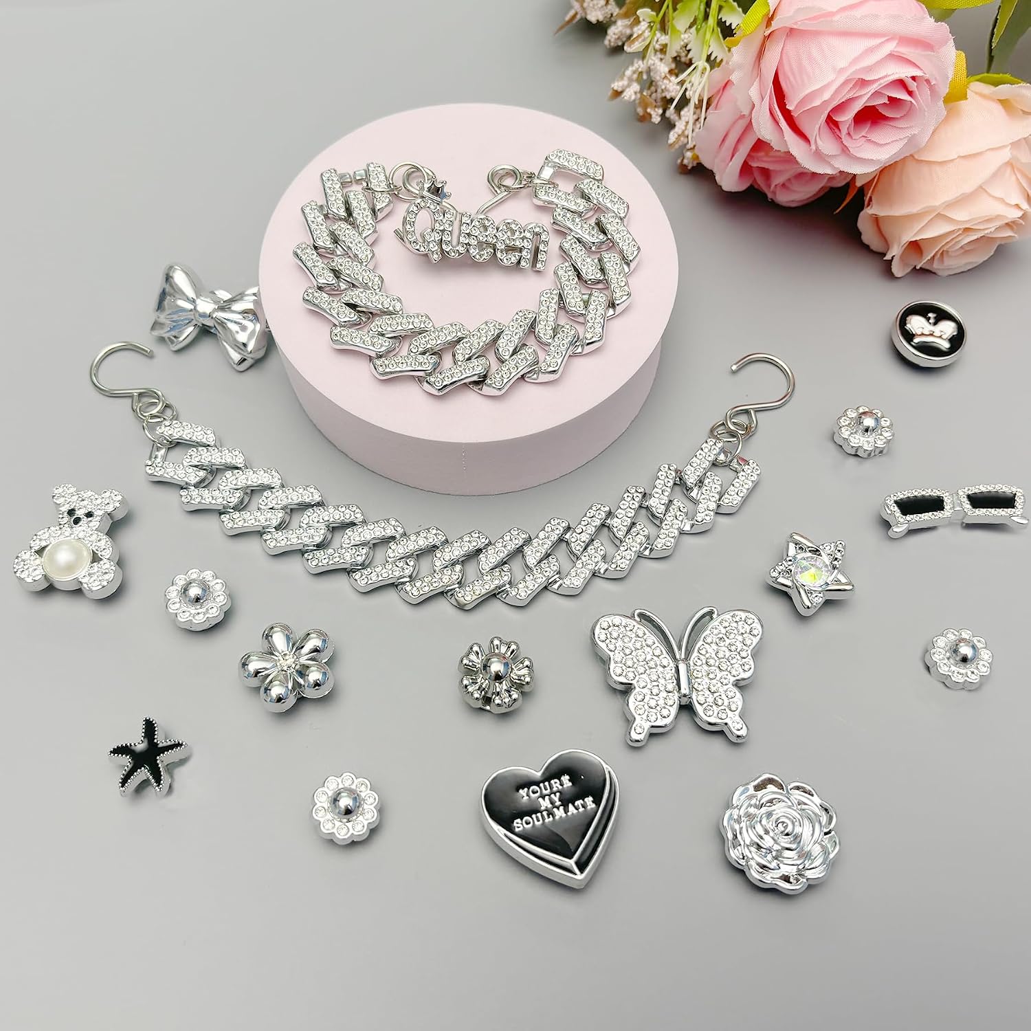 Yookuli 18Pcs Flower Shoe Chain Charms for Women, Bling Shoe Charms for Girls Sandals, Girly Shoe Chains, DIY Shoe Decoration Accessories for Party Favor