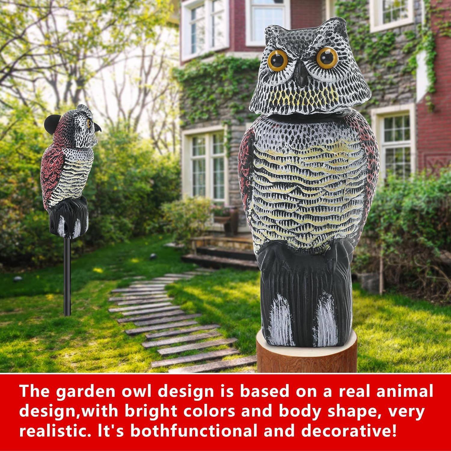 Fake Owl for Garden with Rotating Head,Realistic Eyes & Waterproof Shape