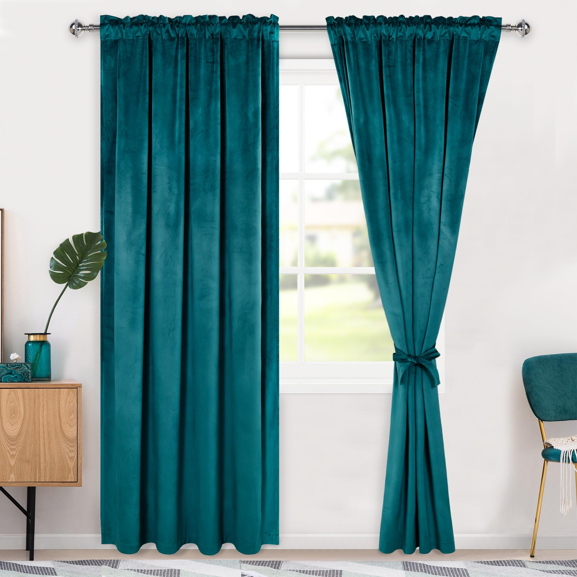 Hiasan Teal Velvet Curtains 84 inches-Blackout Thermal Insulated Solid Soft Curtains for Bedroom Living Room Rod Pocket Room Darkening 2 Panels Window Drapes with Tiebacks, 52W x 84L