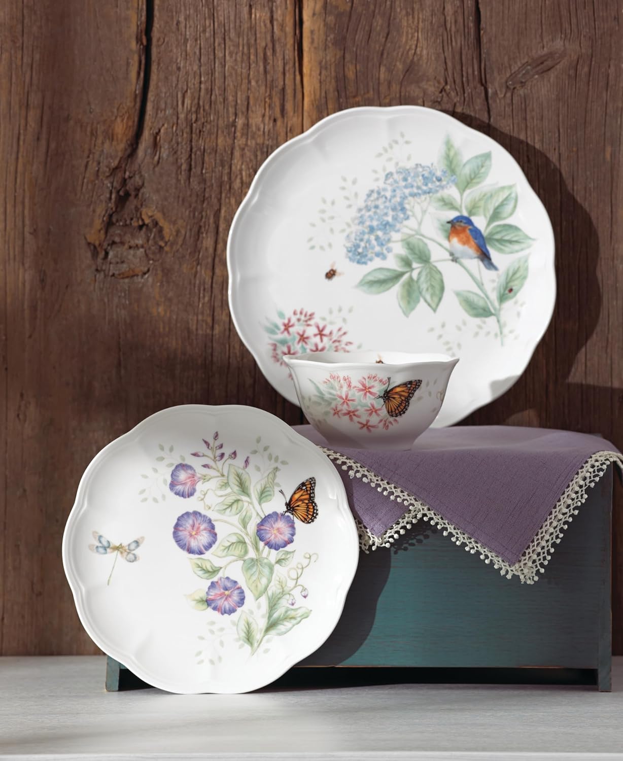 Lenox Dinnerware Set, Butterfly Meadow Flutter 12-Piece Set, Service For 4, Elegant White Porcelain, Dishwasher Safe, Chip Resistant, Plates And Bowls Sets, Home and Kitchen (Assorted, 12 Pieces)