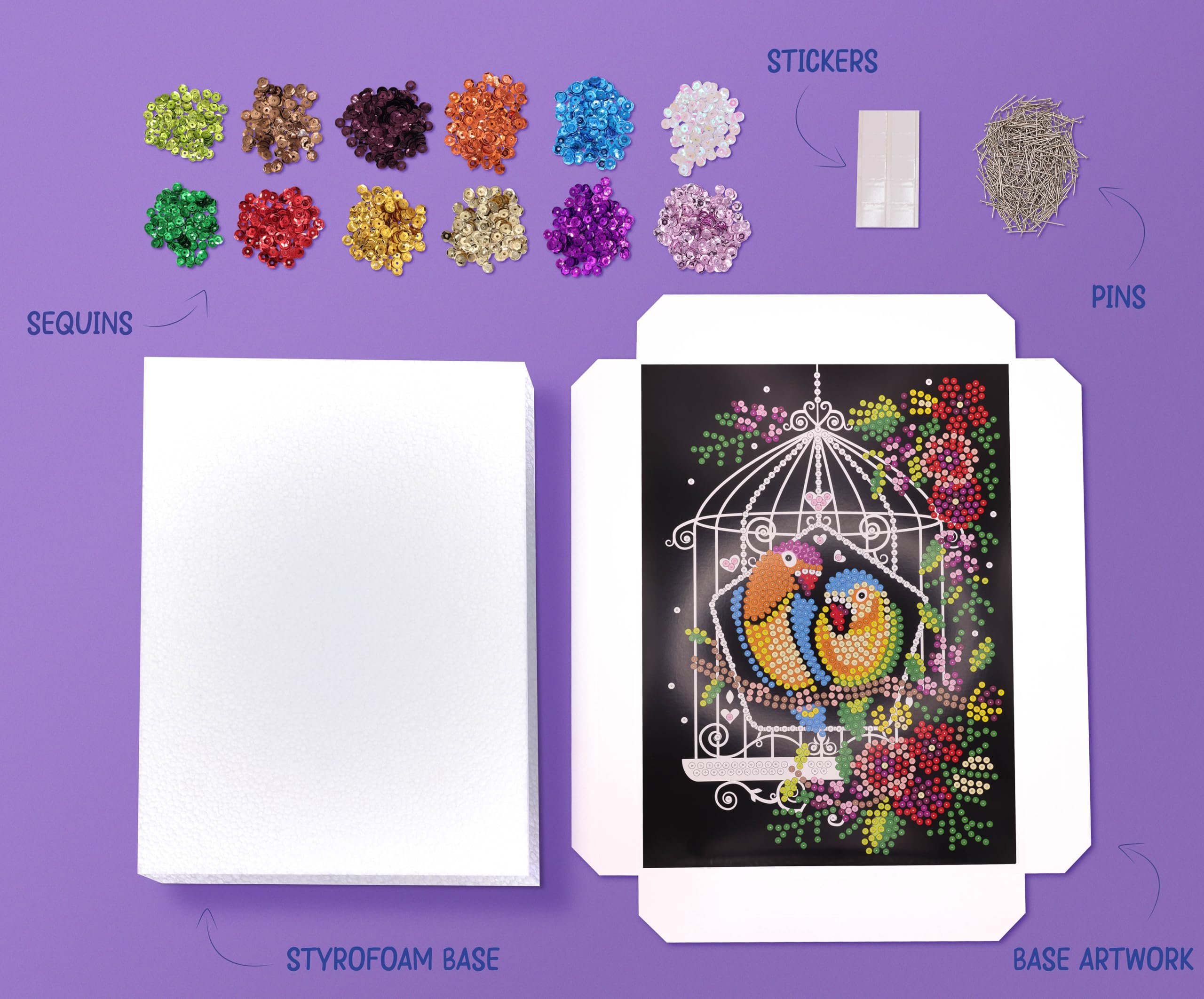 Kitfix - Sequin Art Purple - Cage à oiseaux - Image à paillettes - 27 x 36 cm - Kit de création pour enfants, adolescents et adultes de plus de 8 ans - 1945