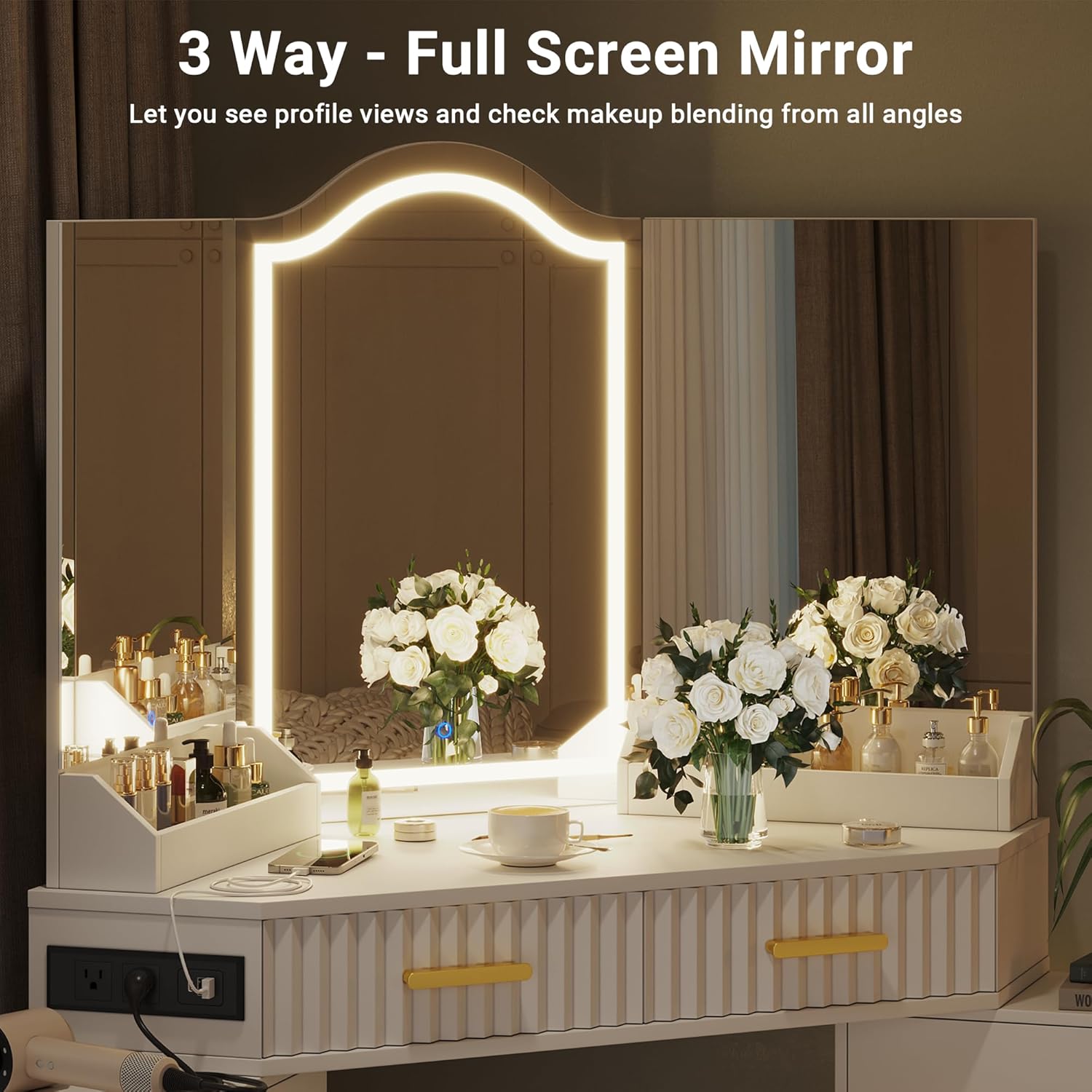 Corner Vanity Desk with 3 Way Mirror and Lights, 54" Modern Makeup Table Set with 2 Drawers & 2 Storage Cabinets, Charging Station, Stool, Large Bedroom Dressing Table for Women (Matte White)