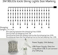 Vista 7 de Luces de Carámbano 90 LED de 10 pies, Luces de Cortina Cortas con Control Remoto de 8 Modos, Alimentadas por USB y Batería - Luces de Hadas