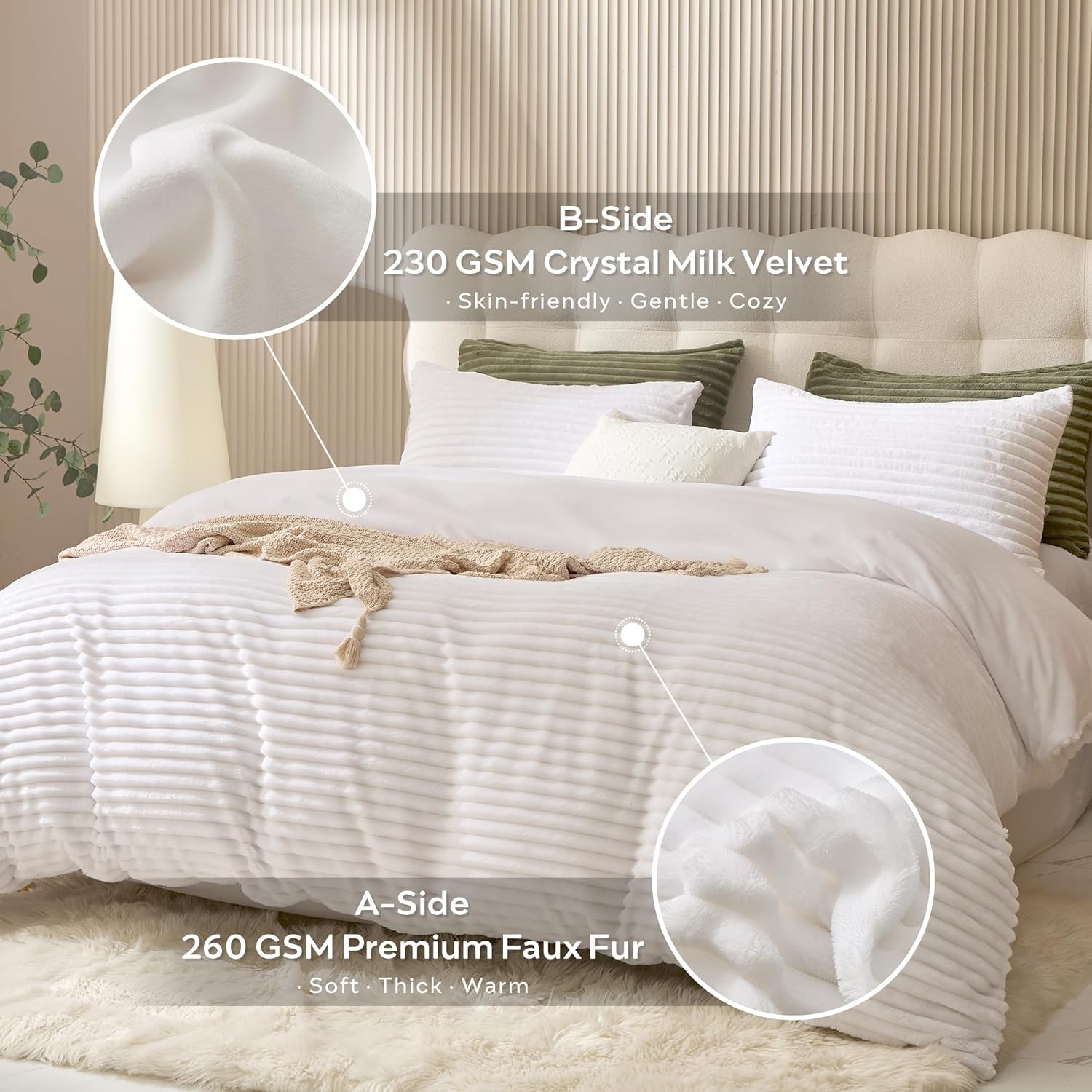 JELLYMONI Plush Duvet Cover Set - Queen Size Beige Striped Fluffy Comforter Cover 3pcs Bedding Set Luxury Ultra Soft Faux Fur Duvet Cover with Zipper and 2 Pillowcases (NO Comforter) - Image 2