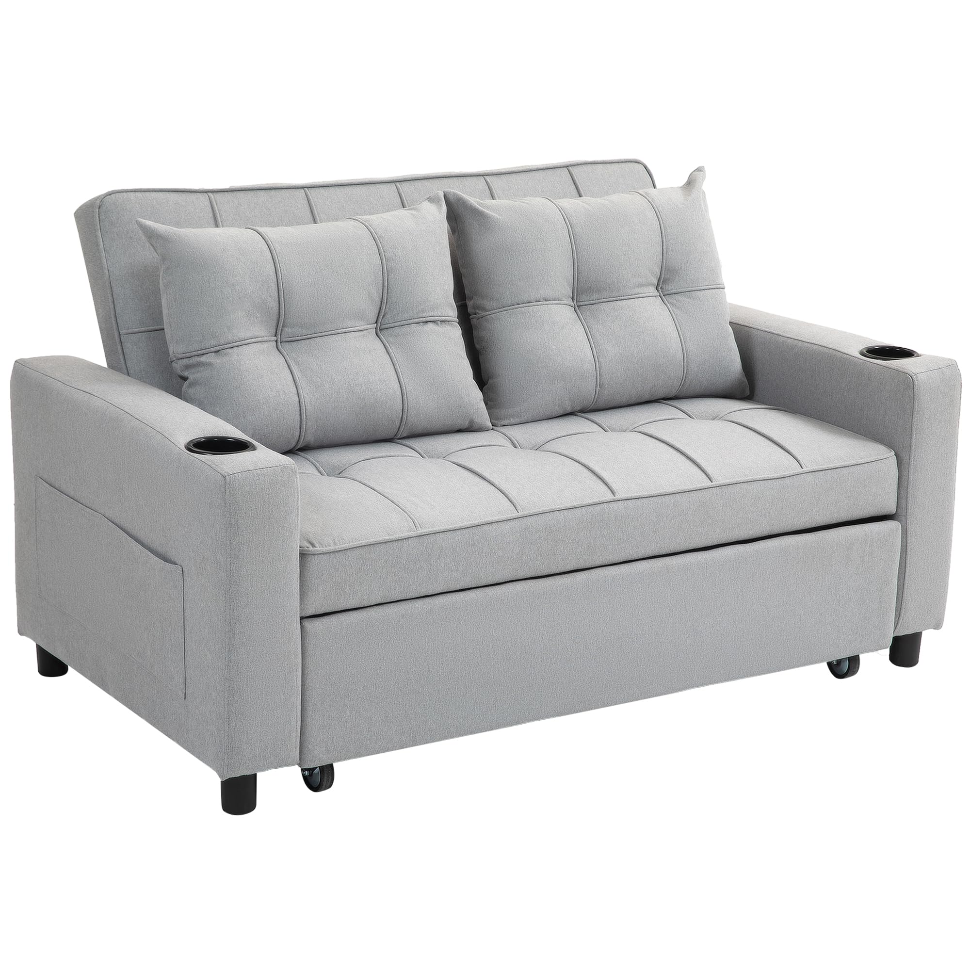 HOMCOM 2 Seater Convertible Pull Out Sofa Bed - Light Grey - Linen