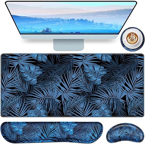 QOMOLAMA Alfombrilla de mouse 4 en 1 con reposamuñecas, alfombrilla de mouse grande de 35.4 x 15.7 pulgadas + reposamuñecas para teclado+alfombrilla