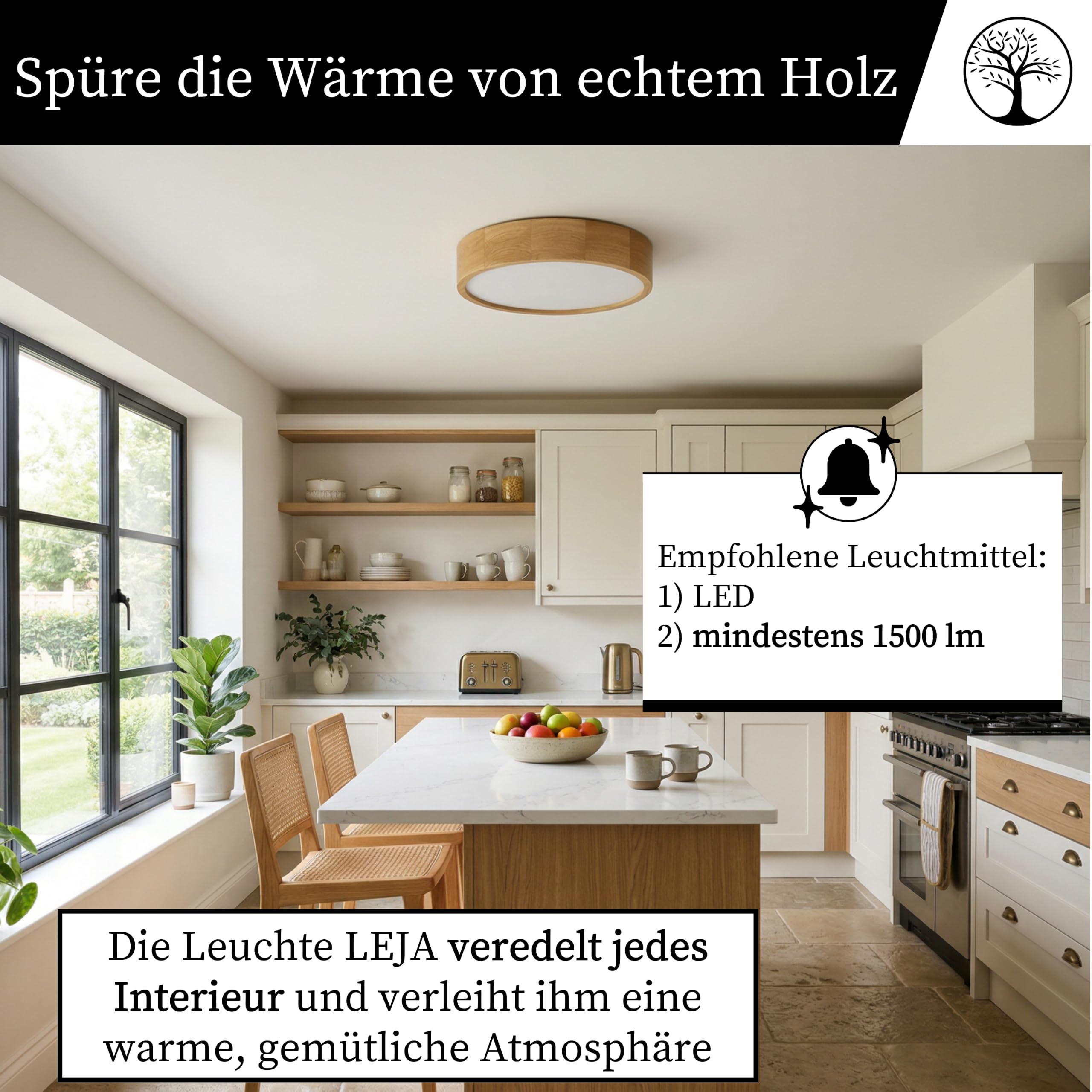 Deckenleuchte Holz - Rund Modern Holzlampe 2xE27 (37 cm) - Deckenlampe Eiche - Natur Lampe für Schlafzimmer, Wohnzimmer, Flur, Küche - Stilvolles Design Eichenholz - LEJA 40 cm