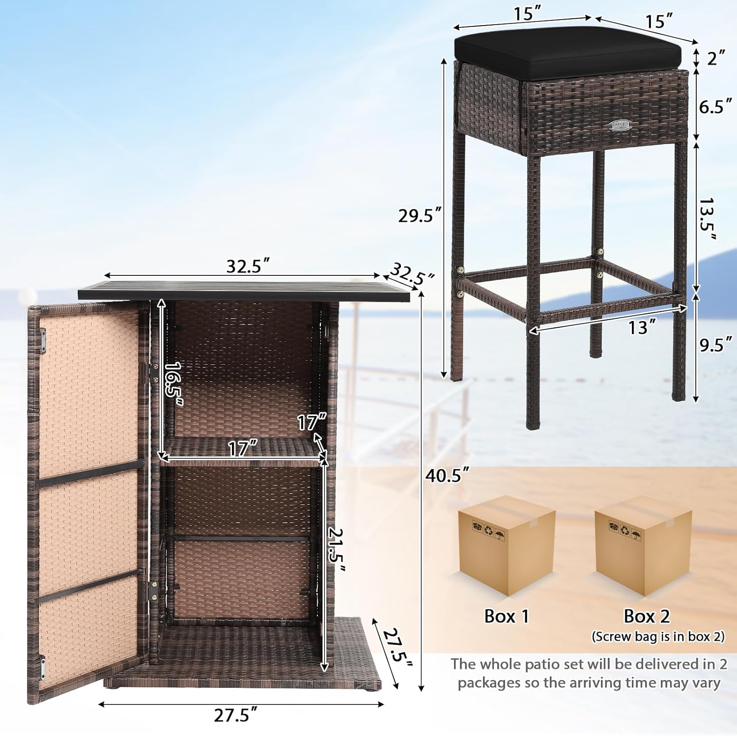Nightcore 5 Piece Outdoor Bar Set, Wicker Rattan Patio Bar Set w/4 Bar Height Stools, High Top Table with Hidden Storage, Bar Table and Chairs Set with Seat Cushions for Backyard Poolside, Black