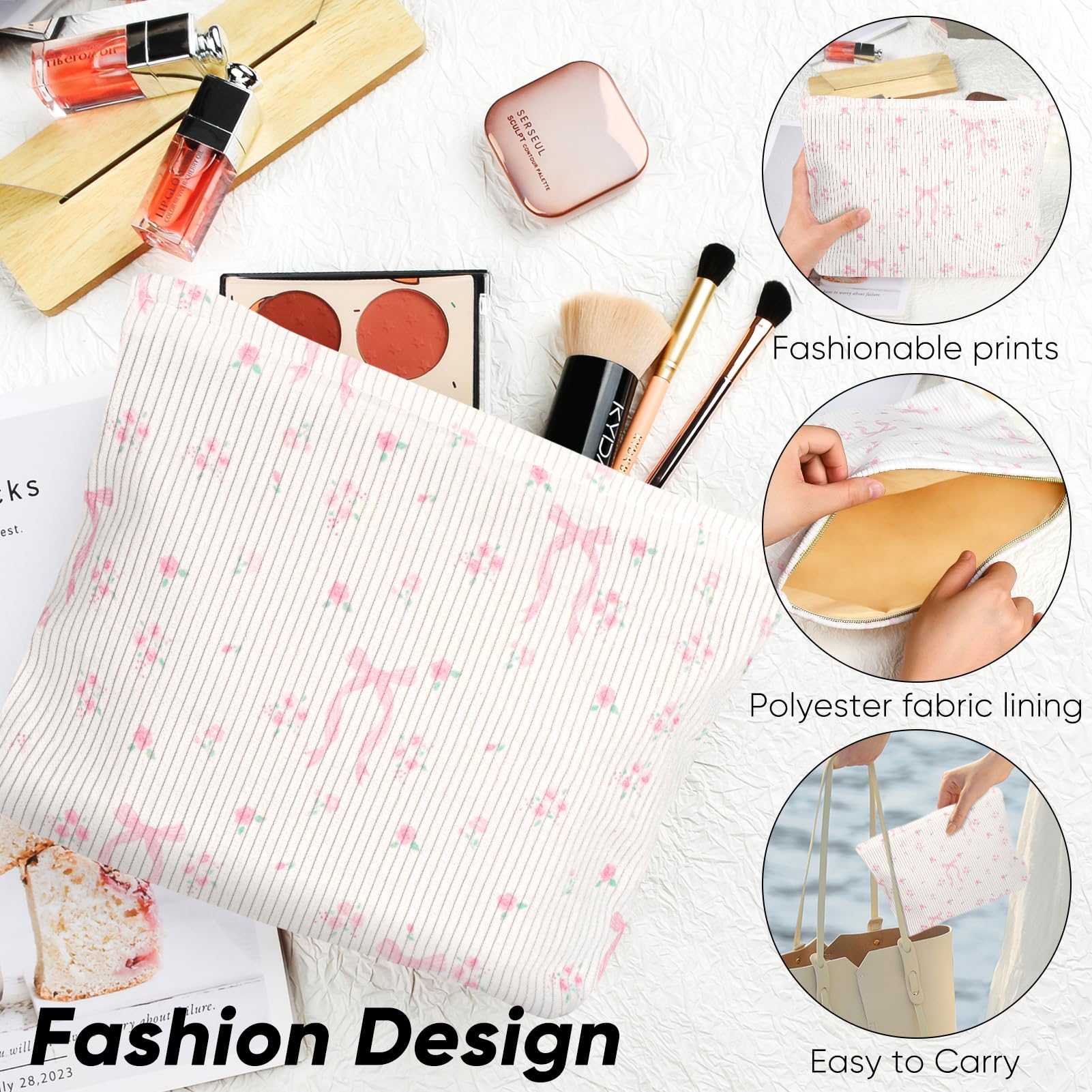 Ksriylm Pink Bow Cosmetic Bag for Women,Cute Canvas Toiletry Organizer Storage with Purse Zipper,Small Multifunctional Travel Makeup Bag,Aesthetic Travel Toiletry Bags - Image 4
