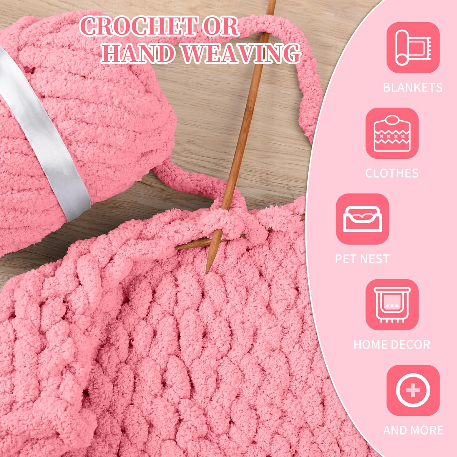 8 Packs Jumbo Chenille Chunky Yarn, 2045g (72oz) 245 Yards (224m) for Crocheting & Knitting, Handcrafts & Blanket Yarn (Pink, 8 Pack)