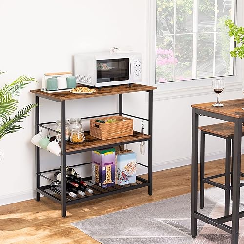 Miniatura 6 de HOOBRO Isla de cocina con estante para vino, contador industrial de isla con ganchos y rieles protectores, estante de cocina de 3 niveles con