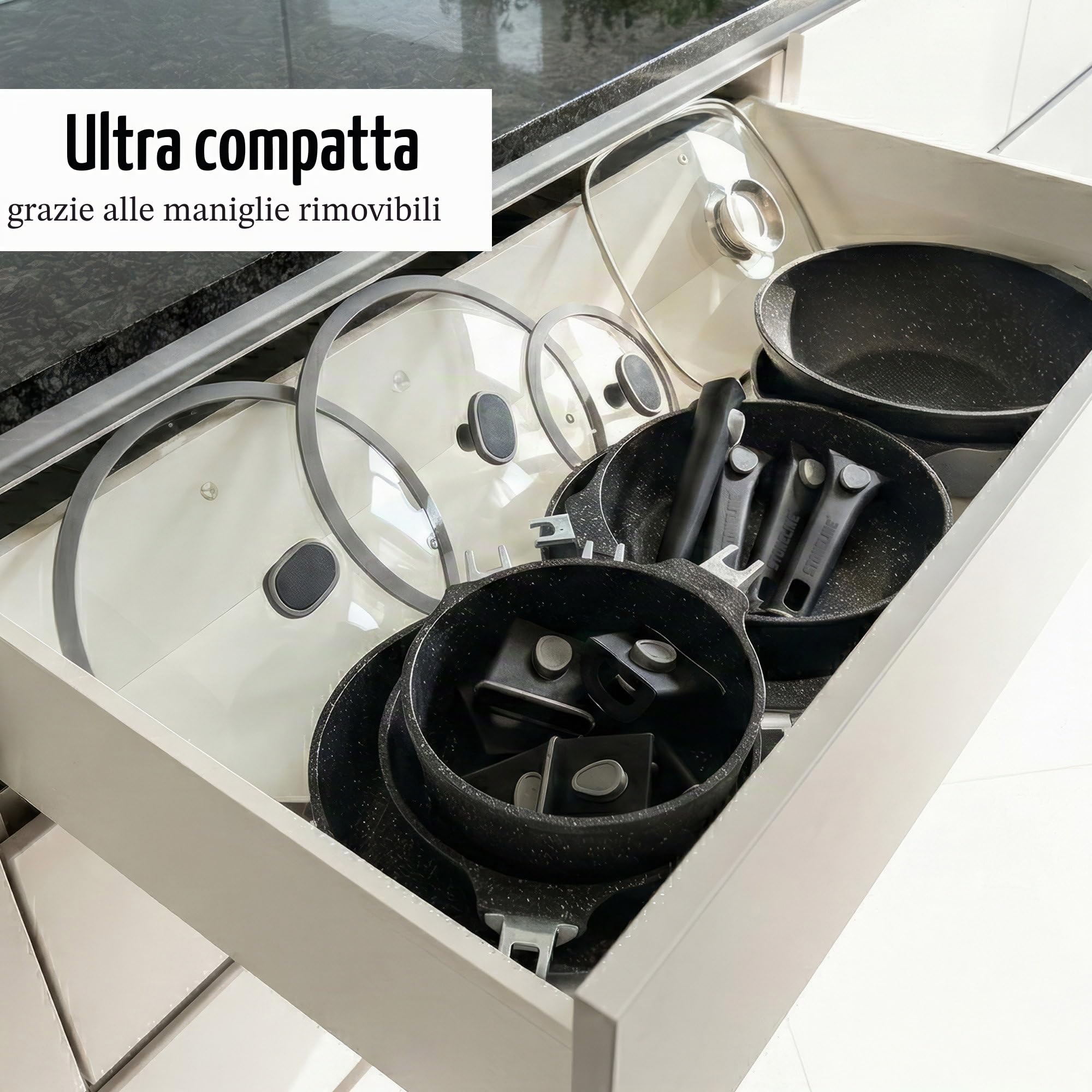 STONELINE SMART Padella Wok 30 cm, 4,8 L Padella Induzione Grande con Coperchio, Manico Removibile, Alluminio Pressofuso, Tutti Piani Cottura, Antiaderente con Vere Particelle di Pietra, Grigio