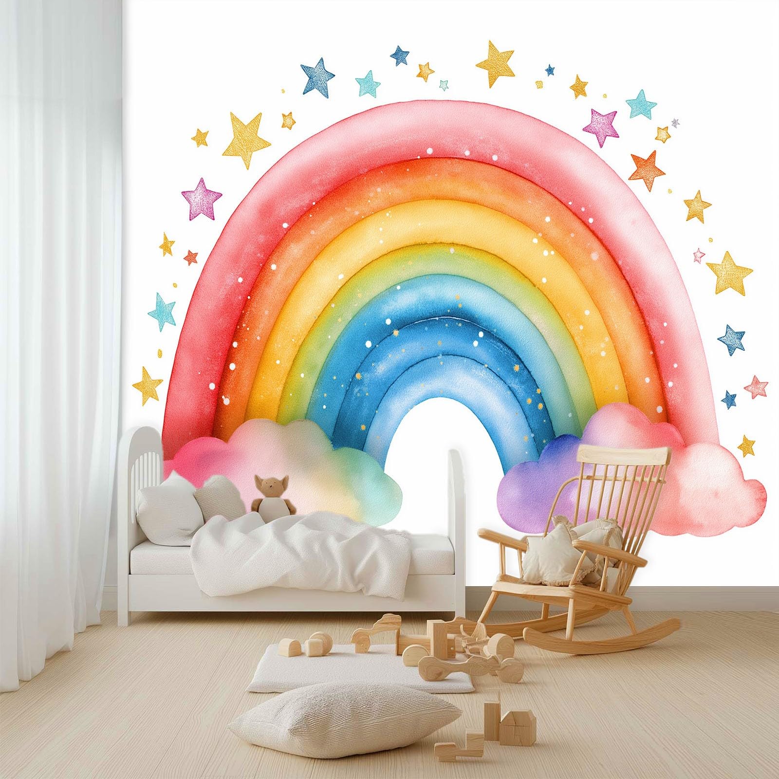 Panoramiczna tapeta 3D bajkowa tęcza gwiazdy różowe chmury 350 x 256 cm, tapeta z włókniny - fresk ścienny do salonu, sypialni i biura, dekoracja ścienna druk HD