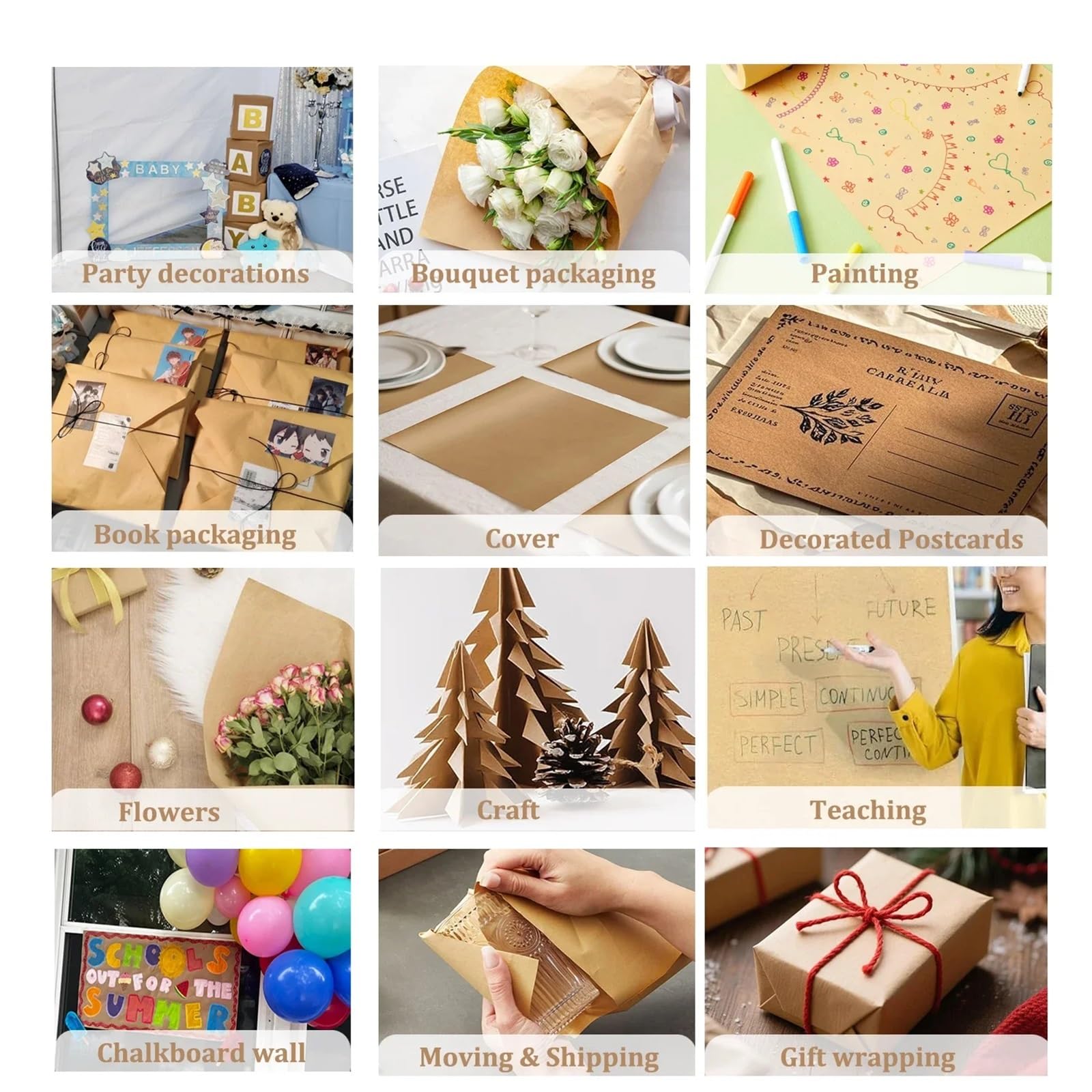 Lot de 2 rouleaux de papier cadeau kraft marron de 10 m pour emballage cadeau, déménagement, loisirs créatifs, papier d'emballage cadeau épais (marron, 50 cm x 10 m)