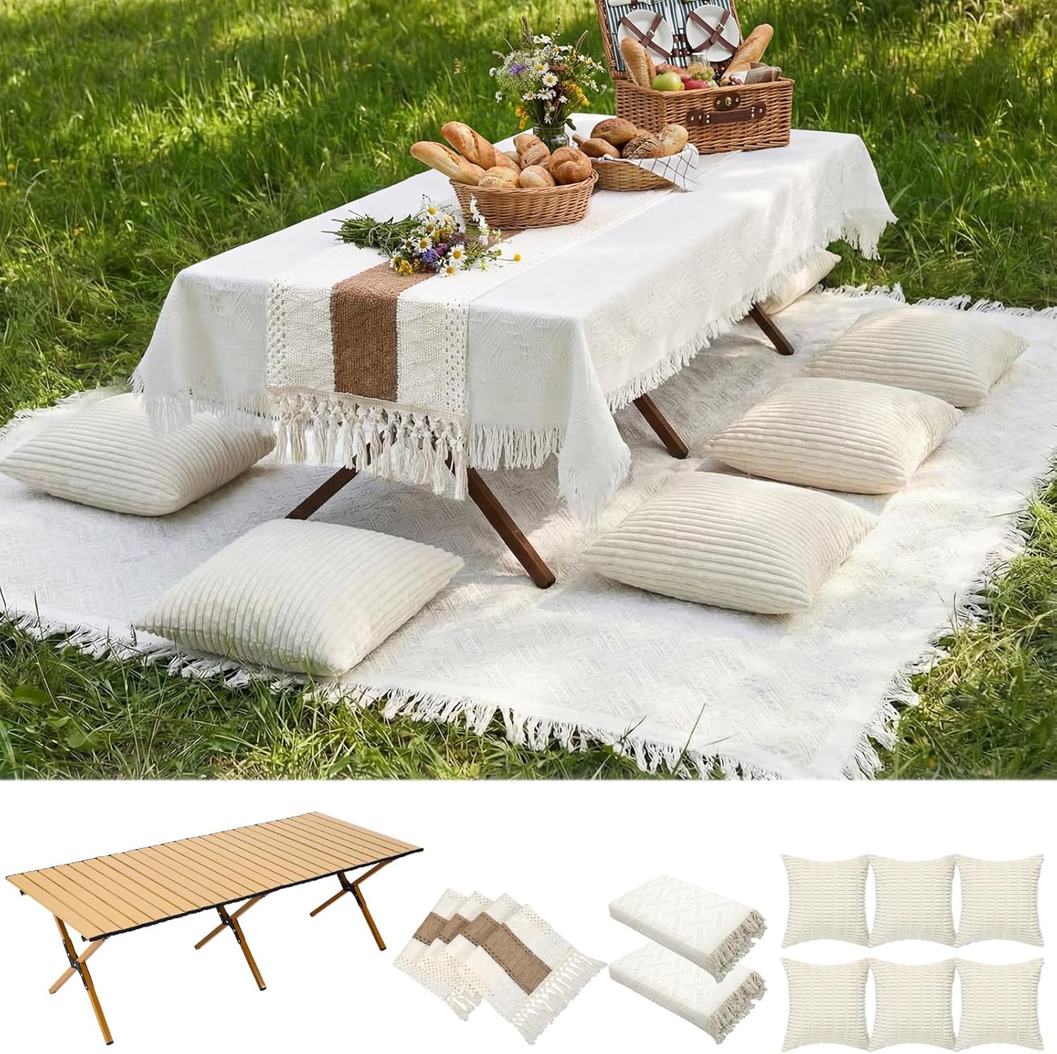 Novabright 10 Pcs Boho Picnic Kit Folding Picnic Table 59'' x 20.5'' Extra Large Outdoor Boho Blanket 91'' x 71'' Beige White Table Runner Pillow Cover Woven Cotton Oversize Washable for Camp Wedding