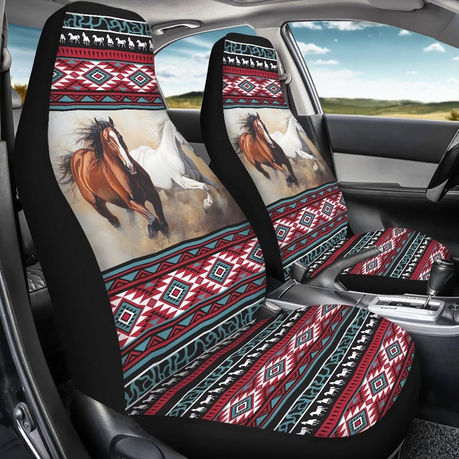 LedBack Native Tribal Horse Navajo Print Front Seat Covers for Cars,Universal 2pc Vehicle Seat Protector,Horse Auto Interior Accessories