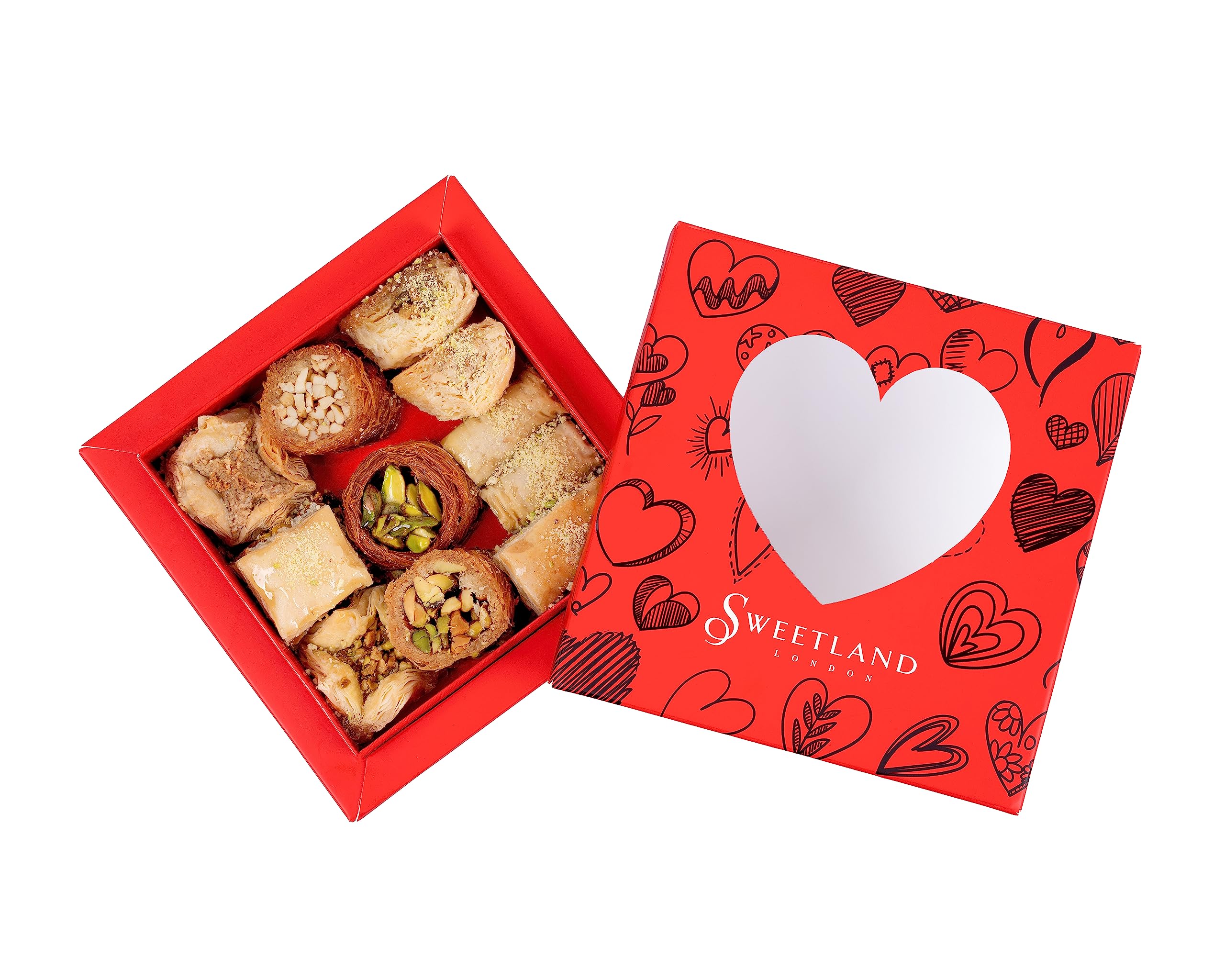 Sweetland London Baklava Mixed Assortment - 250g | Handmade Traditional Lebanese Baklava | Ramadan, Mother's Day, Easter, Eid, & Valentines | A Present for Loves Ones | Quality Red Heart Gift Box