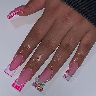 BABALAL Duck Nails Press ons Pink French Tips Press on Nails False Nails with Rhinestone Cherry Flower Designs Glossy Luxury Duck Nail Tips 24pcs Gel Acrylic Manicure False Nails Kit