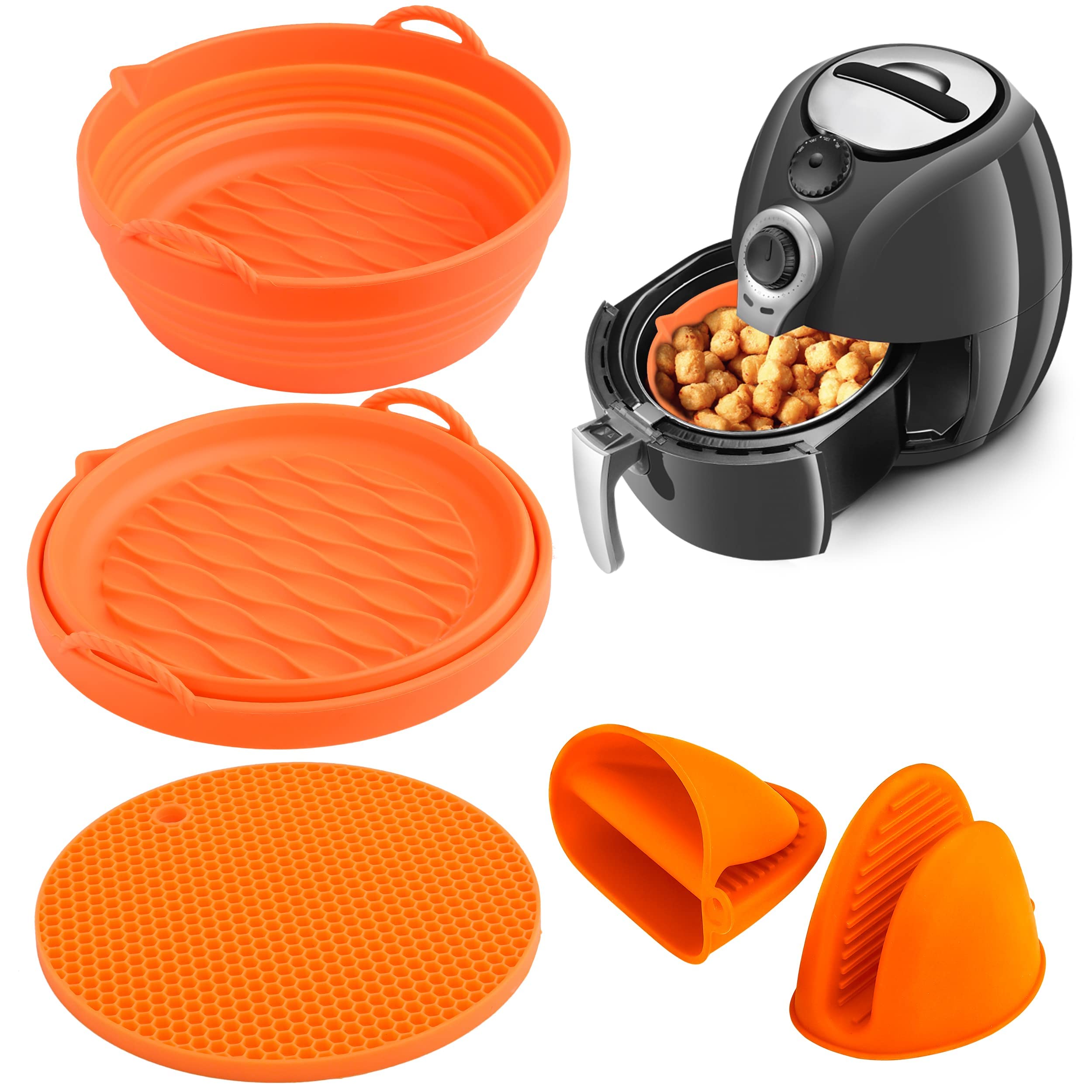Air Fryer Silicone Pot, 4Pack Silicone Air Fryer Accessories Bombo, Reusable Air Fryer Liners Silicone Replaces Parchment Paper For Air Fryers, 8.5In Air Fryer Pans Fit 5-8QT AirFryers, Easy to Clean