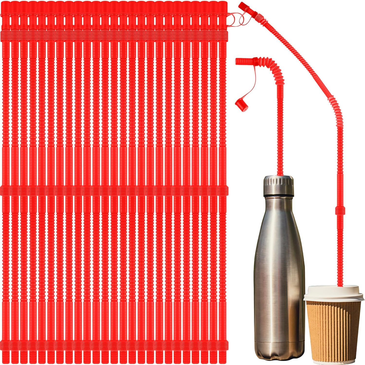 60 Pieces 22 Inches Plastic Extra Long Straws Disposable Flexible Bendy Long Straws with Cover Cap for 40oz Tumbler Limited Mobility Situations