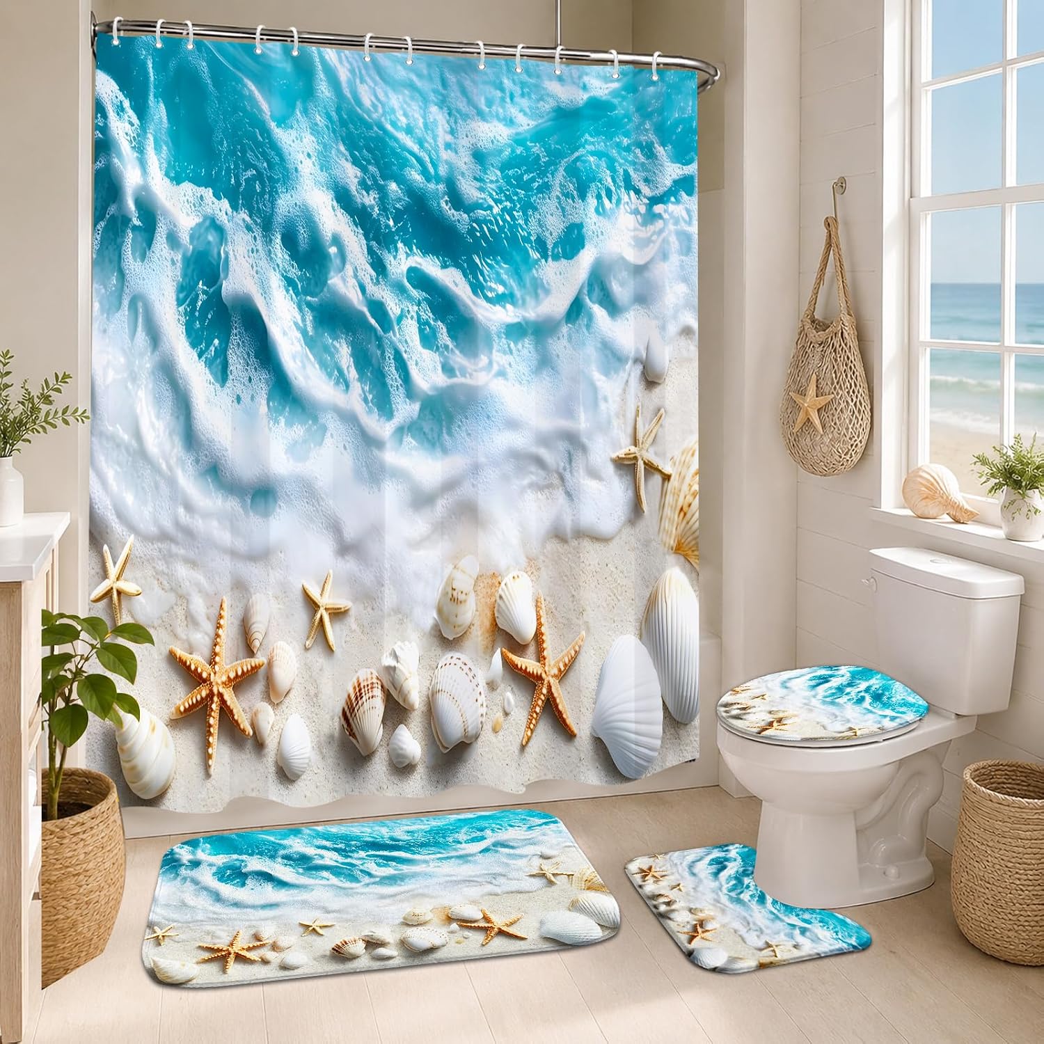 Lnond 4 Piece Beach Shower Curtain Set with Rugs, Ocean Beach, Blue Waves | 72x72 Shower Curtain, 12 Hooks Included, Bath Mat, U Shaped Rug, Toilet Lid Cover