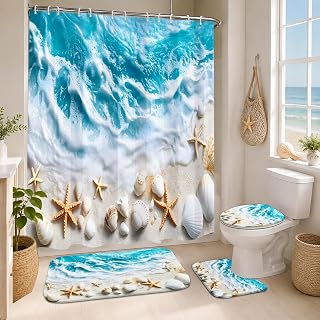 Lnond 4 Piece Beach Shower Curtain Set with Rugs, Ocean Beach, Blue Waves | 72x72 Shower Curtain, 12 Hooks Included, Bath Mat, U Shaped Rug, Toilet Lid Cover