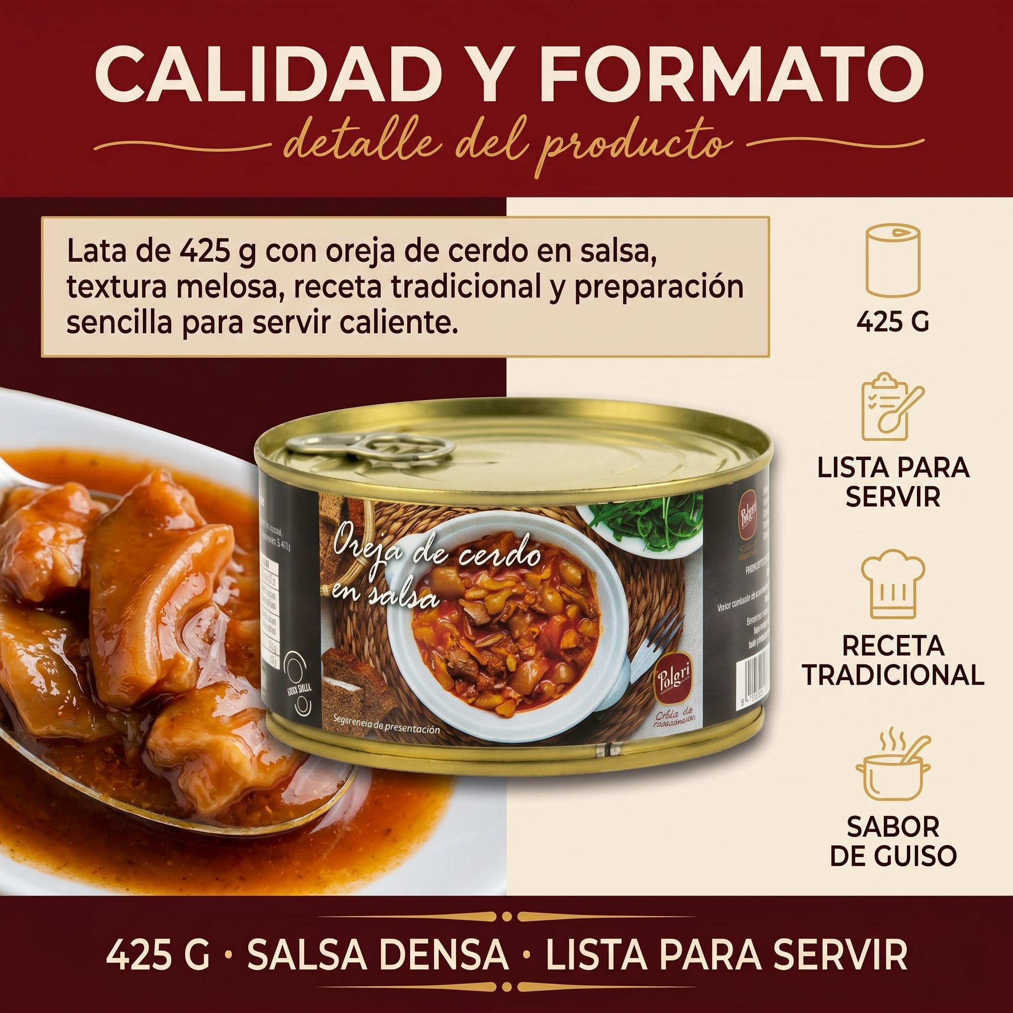 POLGRI Oreja de Cerdo en Salsa 425g x 3 latas Receta Tradicional de La Mancha Lista para Comer