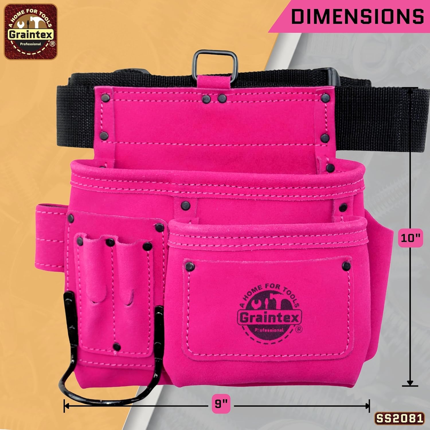 Graintex 5 Pocket Suede Leather Tool Belt/Bag | Pink | Multipurpose Leather Tool Belt for Women and Men | Construction, Electrician, Handymen, Carpenter, Gardening Pouch and DIY Projects
