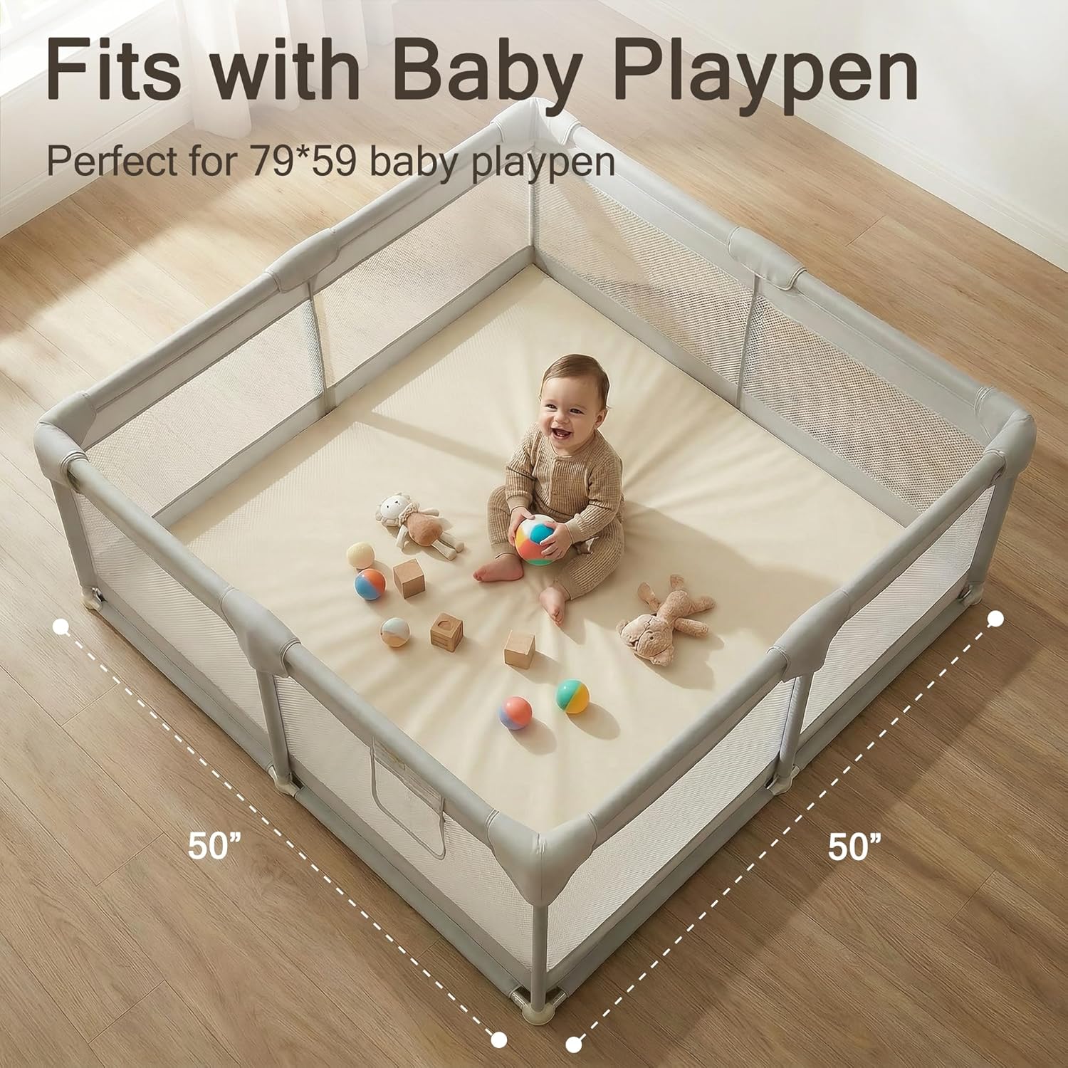 Vegan Leather Baby Play Mat, 50x50 Thicken Foam Play Mat for Infants and Toddlers, Padded & Cushioned Playpen Mat for 50x50 Playpens, 1.2" Thick, Cream