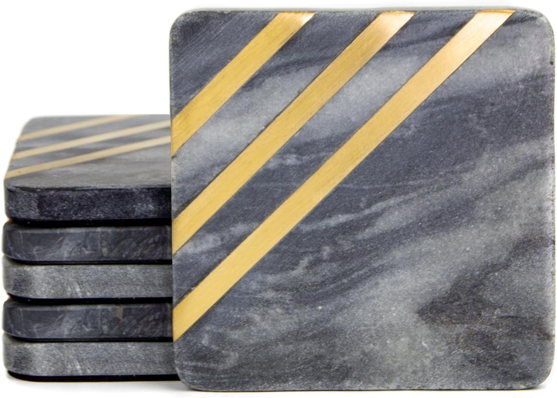 Grey Marble Coasters Set of 6 - Real Natural Stone Gray and Black Coasters for Drinks - Luxury Gold Aesthetic - Modern Coffee Table Decor - Semi Absorbent Stone