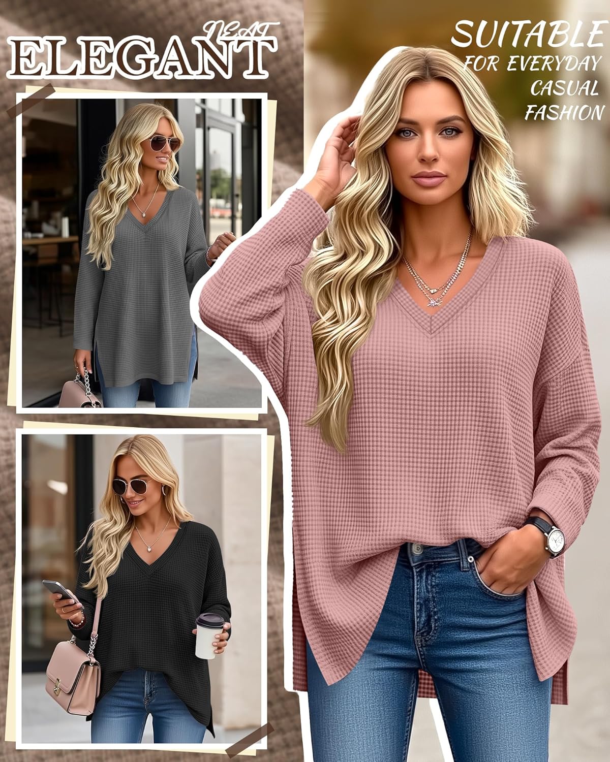 3 Pack Women’s Long Sleeve Waffle Knit Shirts Oversized V Neck Tops Loose Casual Sweatshirt Basic Side Split Tee - Image 3